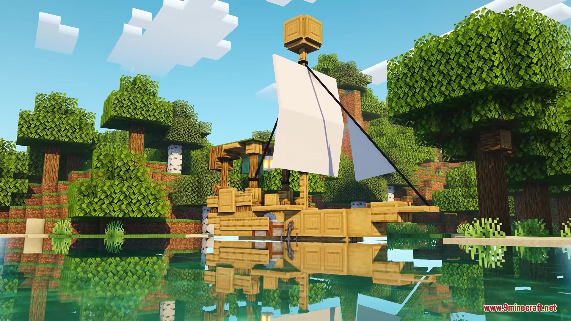 Centurion Ships Resource Pack (1.19.2, 1.18.2) – Grand Sailing Ships 6 A large oak sailing ship with white sails floating on clear water