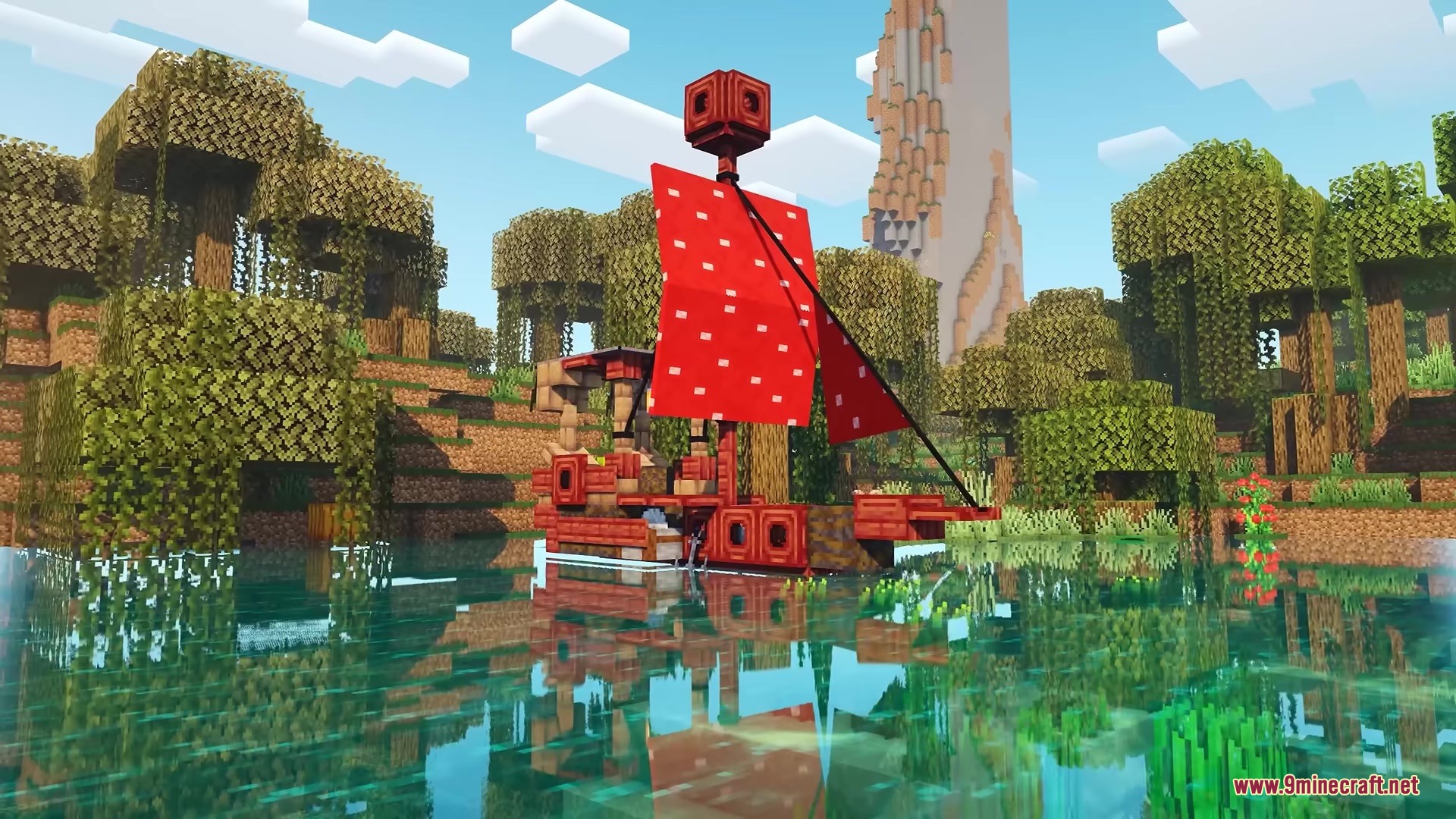 Centurion Ships Resource Pack (1.19.2, 1.18.2) – Grand Sailing Ships 7 A red wooden ship with patterned sails floating in a mangrove swamp