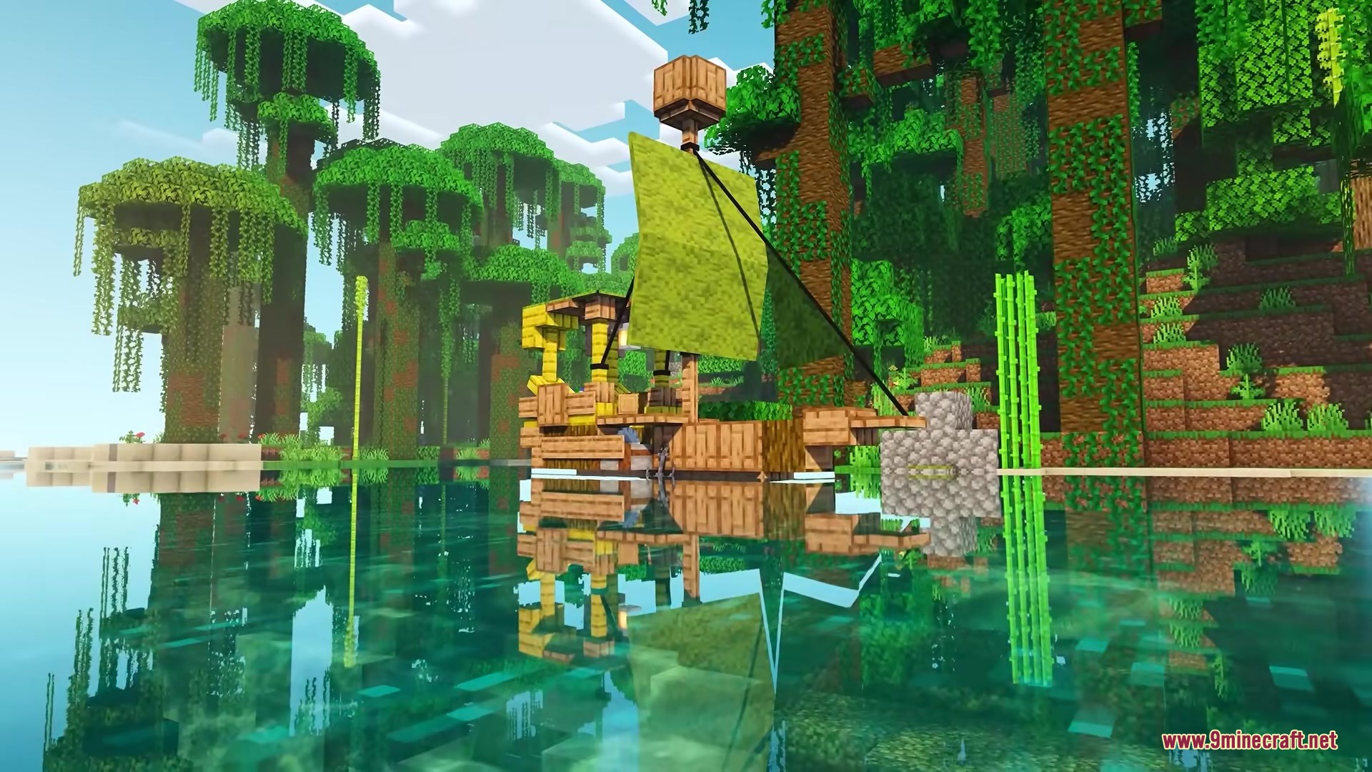 Centurion Ships Resource Pack (1.19.2, 1.18.2) – Grand Sailing Ships 9 A wooden sailing ship with a green sail floating in a jungle river