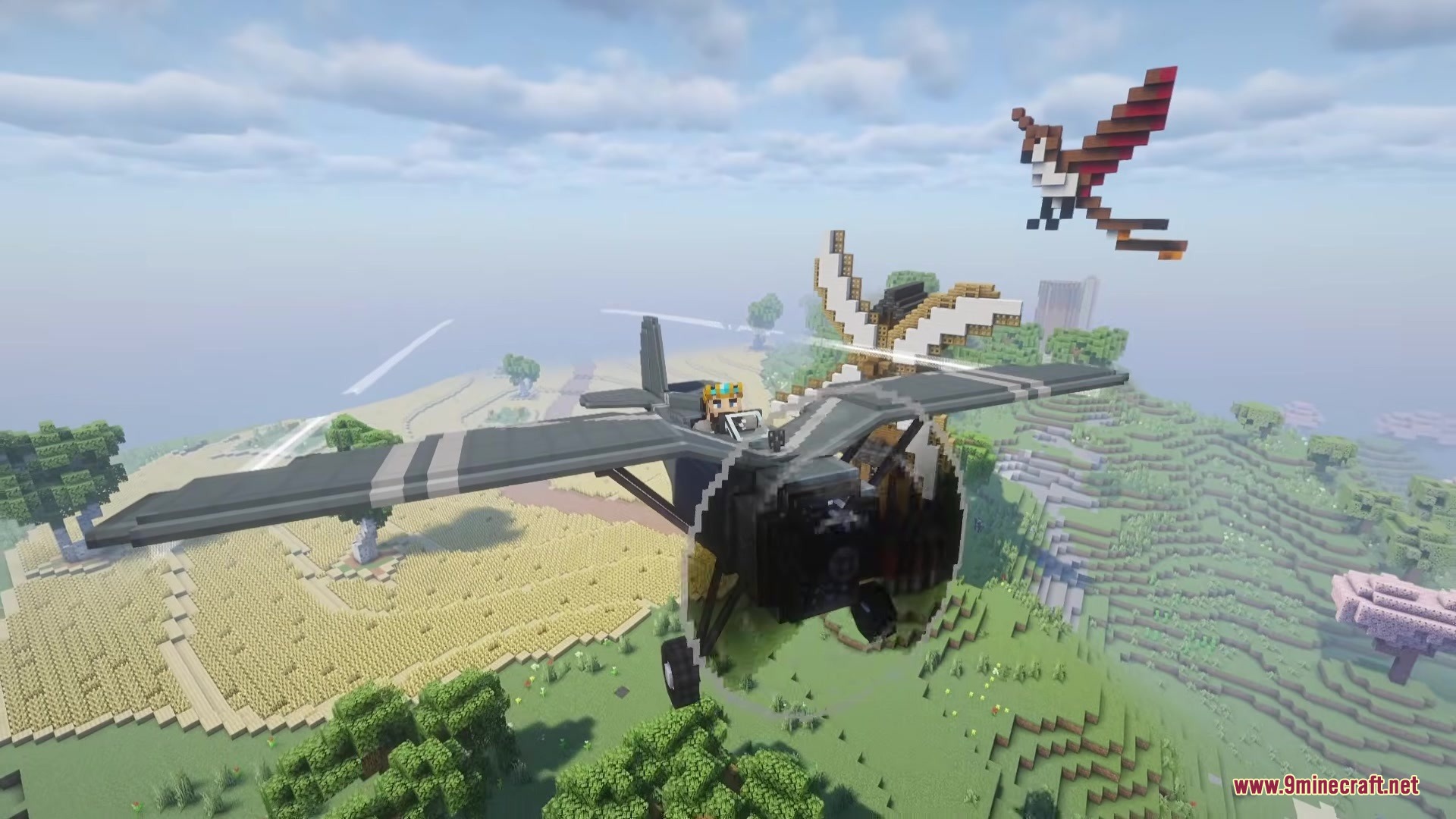 Civilian Aviation Mod (1.21.1, 1.20.1) – Pilot Modern Planes And Helicopters 9 A civilian aircraft flies through the sky above a lush green minecraft landscape