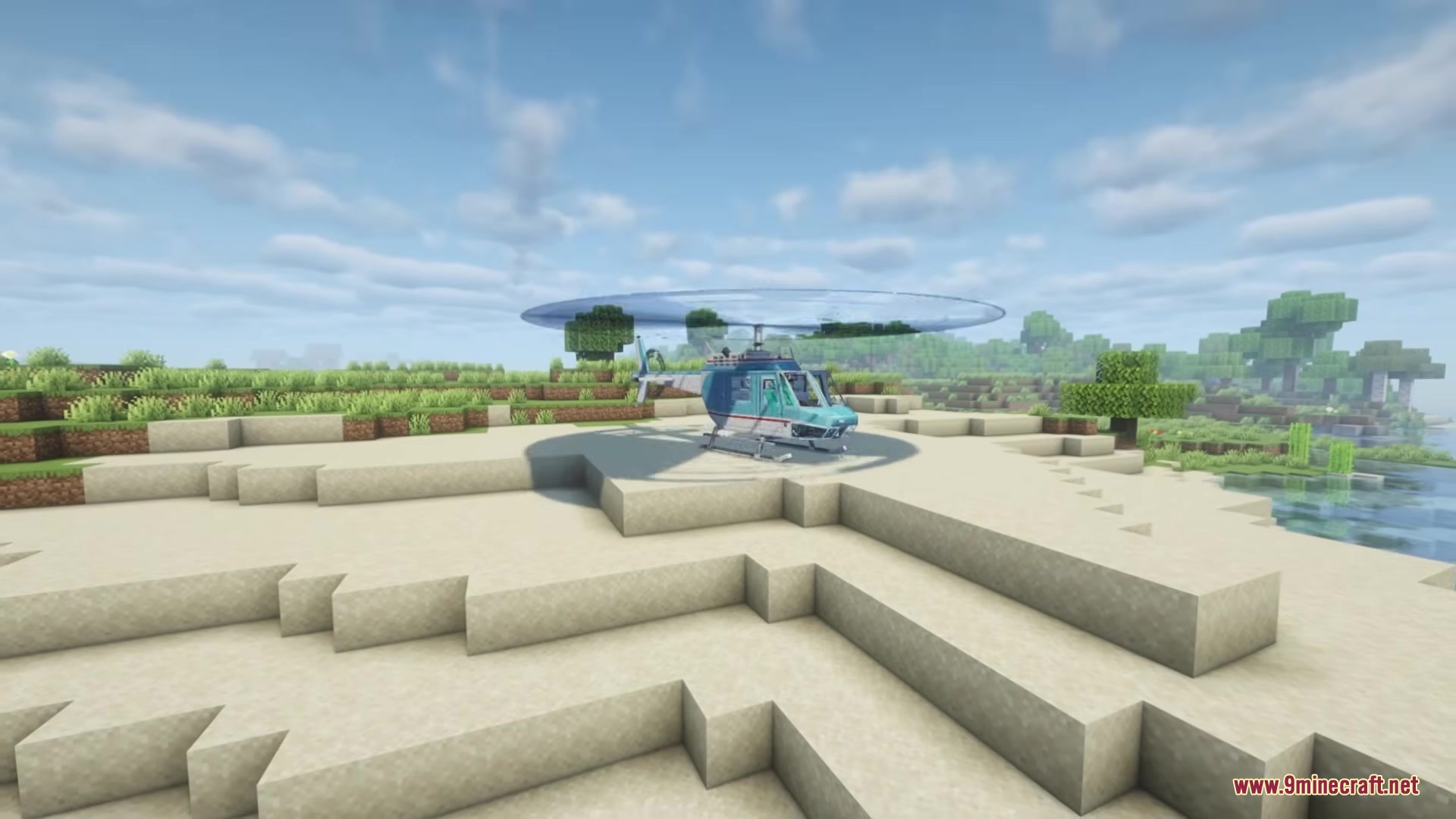 Civilian Aviation Mod (1.21.1, 1.20.1) – Pilot Modern Planes And Helicopters 10 A blue and white ranger helicopter parked on a stone helipad near water