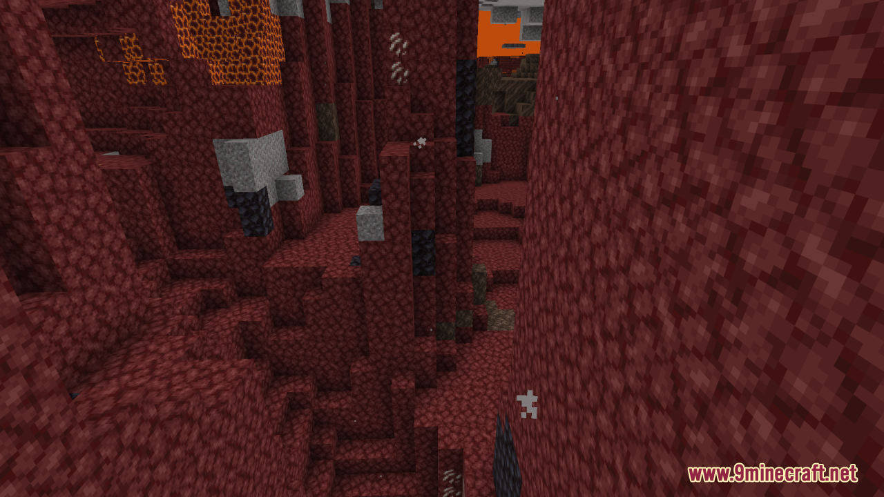A view of the nether landscape with transparent lava and quartz ore