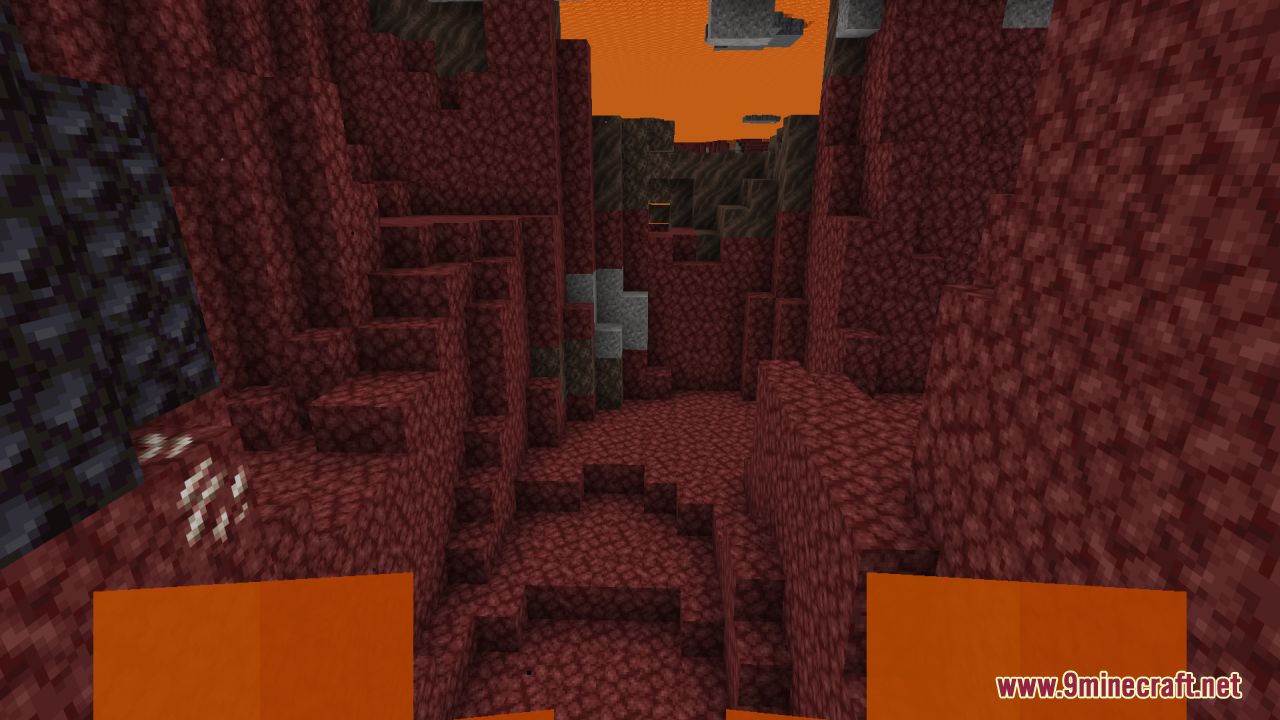 A first person view looking through clear lava in a nether ravine
