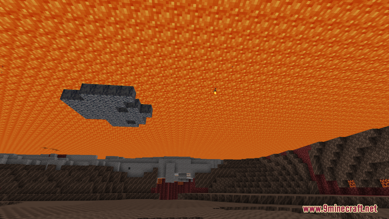 A vast nether landscape with a transparent lava ceiling and floating stone islands