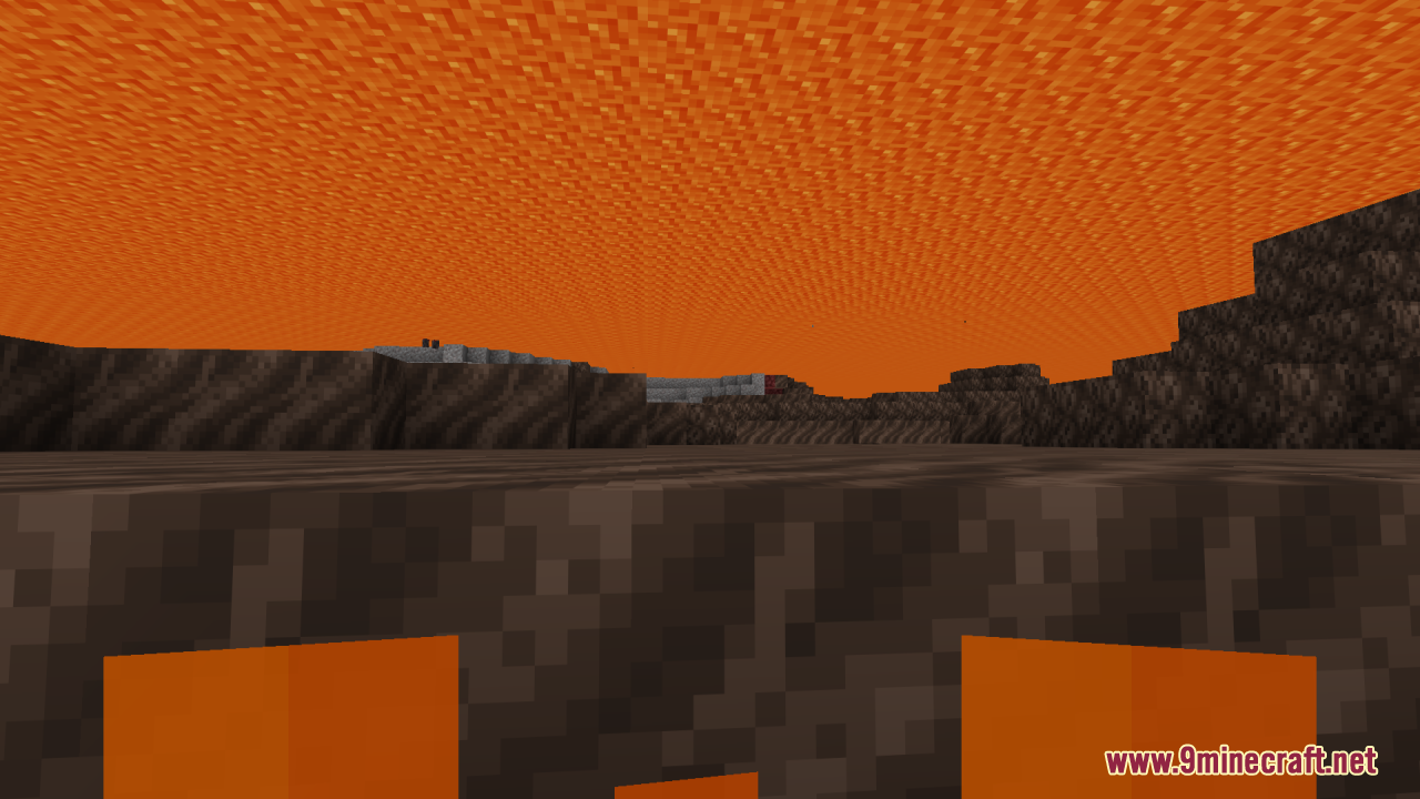 First person perspective looking through clear lava at the dark nether terrain below