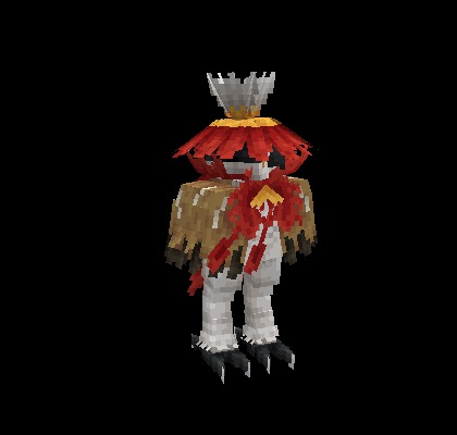 A blocky hisuian decidueye model standing still against a dark background