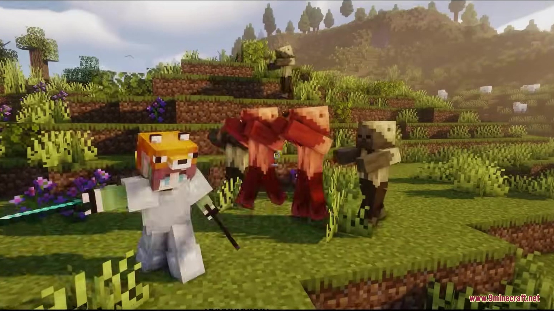 Minecraft player with a fox hat fights mobs in a grassy landscape
