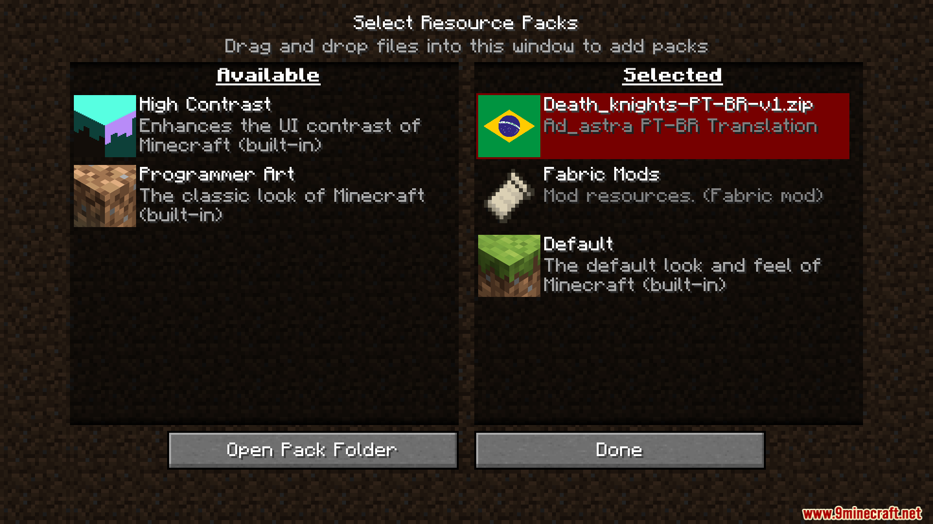Death Knights Pt Br Translation Resource Pack (1.20.1) – Brazilian Portuguese Language Support 2 Selecting the brazilian portuguese translation resource pack in the minecraft settings menu