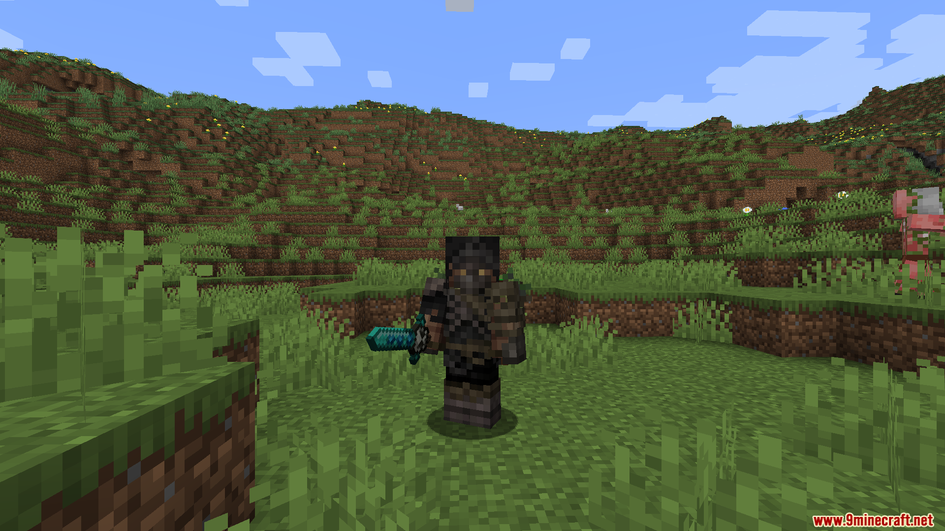 Death Knights Pt Br Translation Resource Pack (1.20.1) – Brazilian Portuguese Language Support 11 A character wearing heavy dark armor and holding a glowing blue enchanted sword