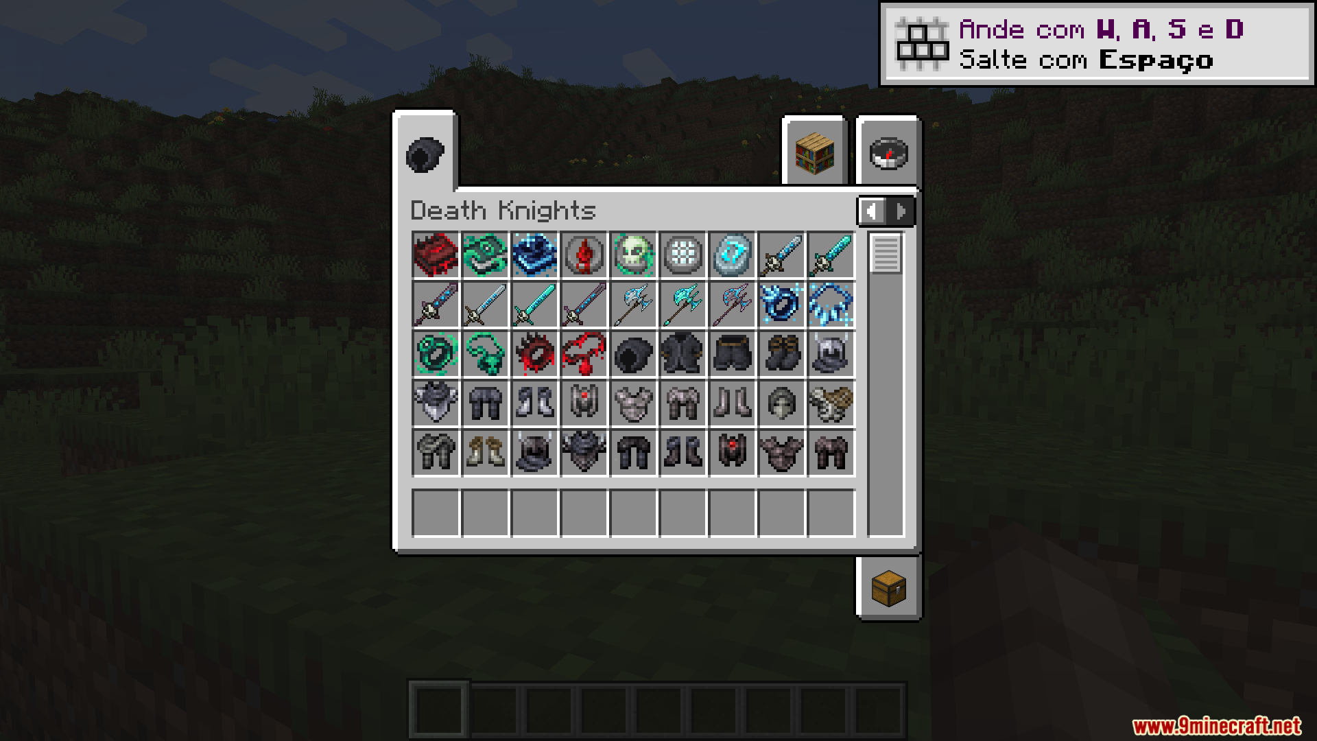 Death Knights Pt Br Translation Resource Pack (1.20.1) – Brazilian Portuguese Language Support 3 Creative inventory screen displaying various weapons and armor sets from the mod