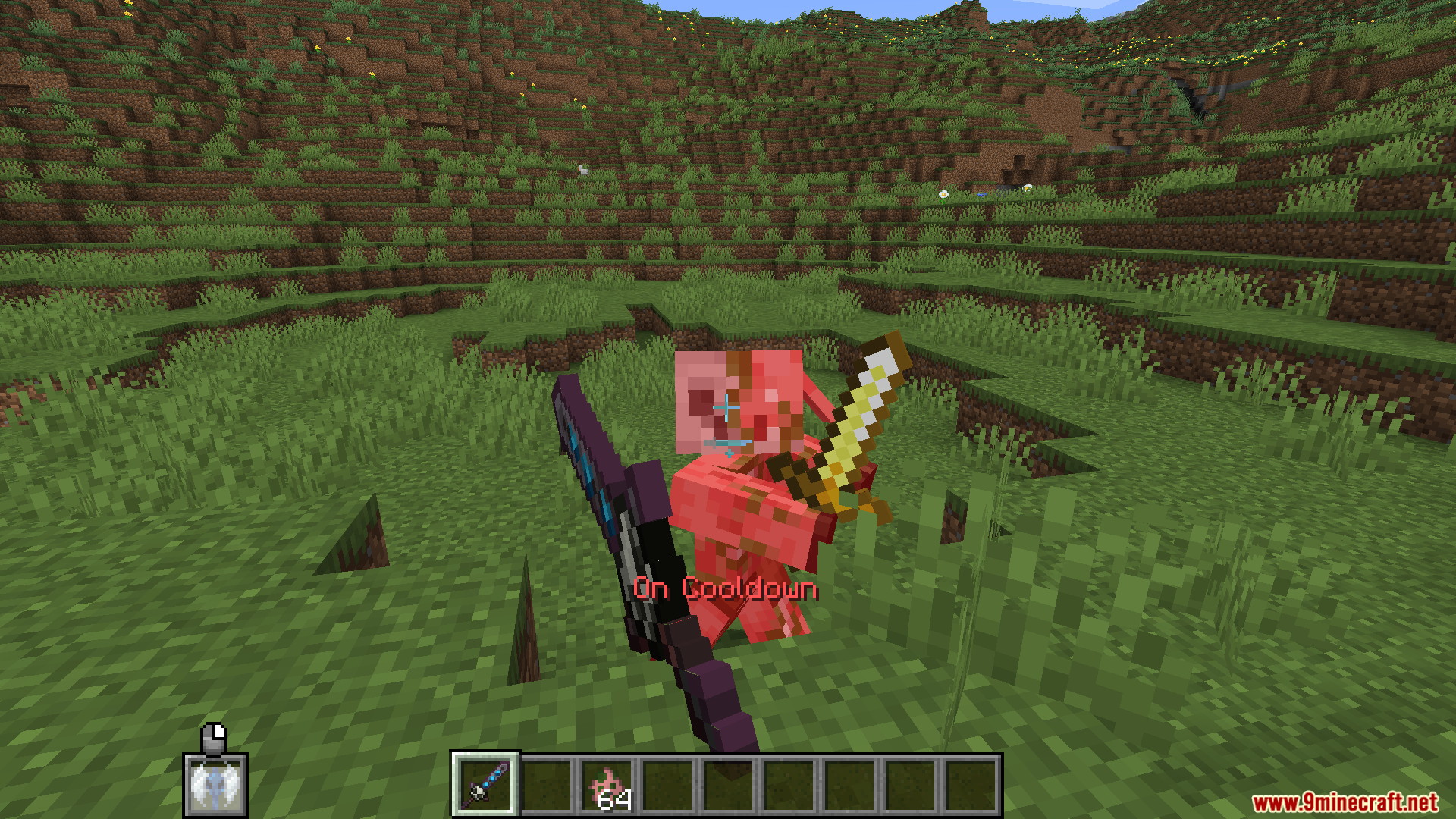 Death Knights Pt Br Translation Resource Pack (1.20.1) – Brazilian Portuguese Language Support 6 Player uses a dark sword to strike a pink mob in a grassy field