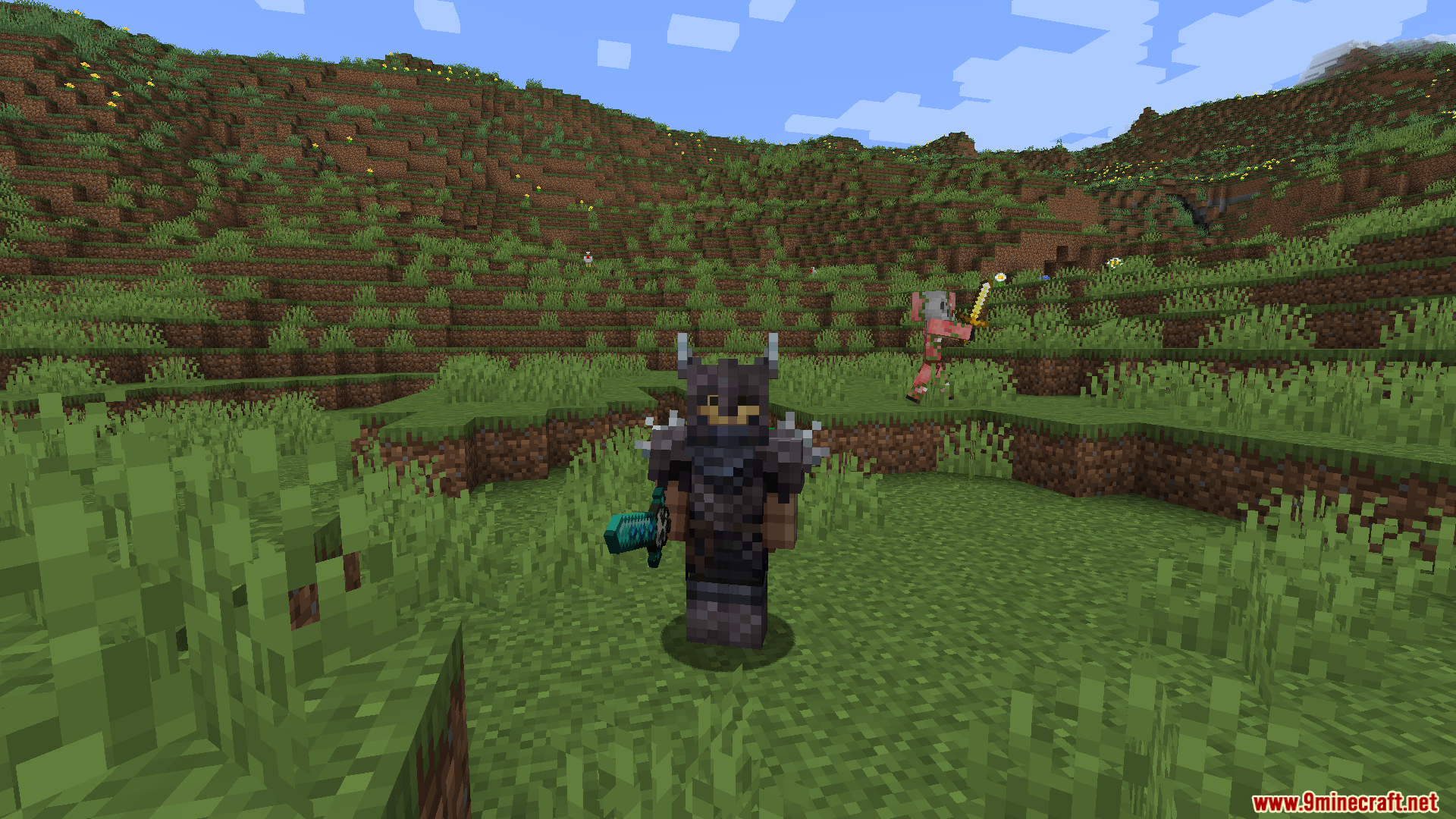 Death Knights Pt Br Translation Resource Pack (1.20.1) – Brazilian Portuguese Language Support 10 Minecraft player wearing dark spiked armor and holding a glowing blue magic sword