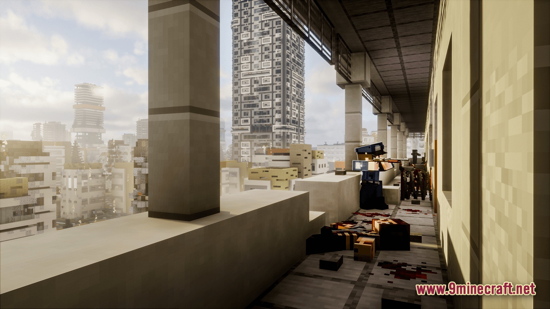 Deceased Craft Urban Zombie Apocalypse Modpack (26.2, 1.20.1) – Survive The Ultimate Urban Apocalypse 2 A player character aims a firearm at zombies on a high-rise balcony overlooking a ruined city