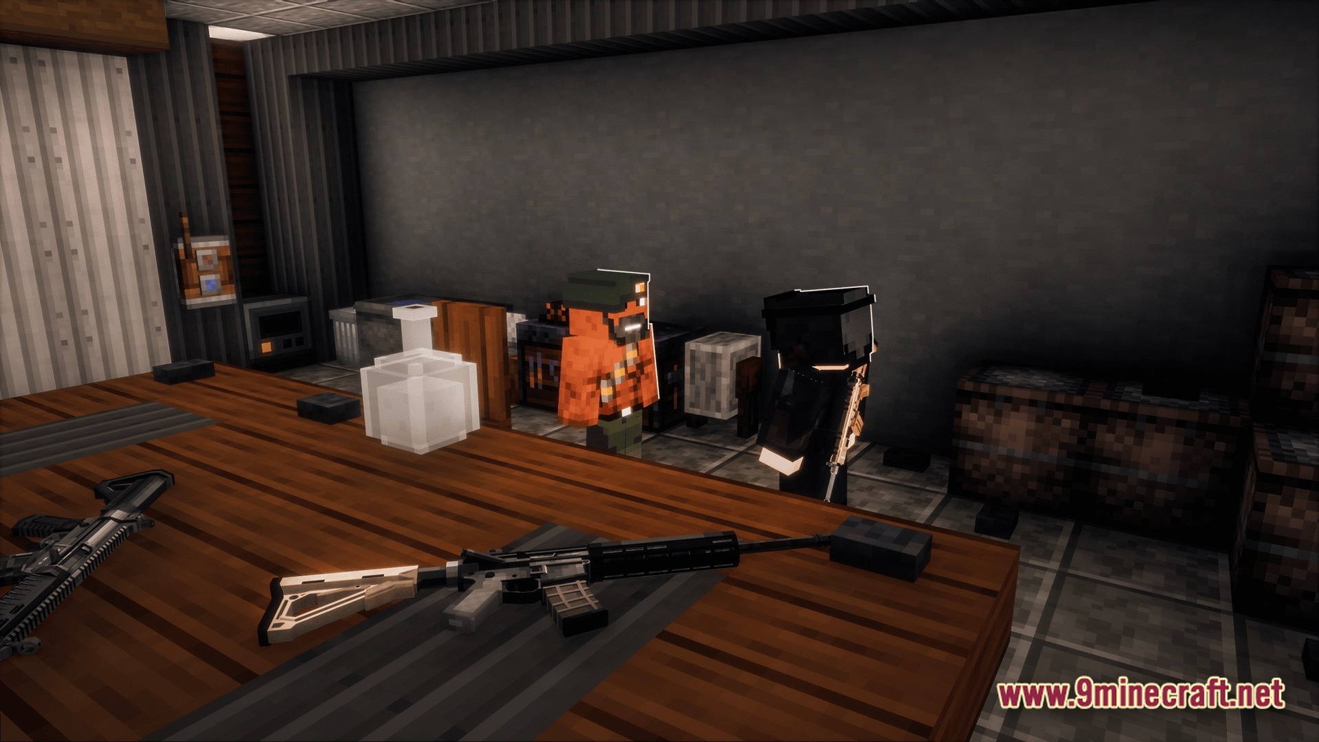 Deceased Craft Urban Zombie Apocalypse Modpack (26.2, 1.20.1) – Survive The Ultimate Urban Apocalypse 11 Two players standing in a base with firearms displayed on a wooden table