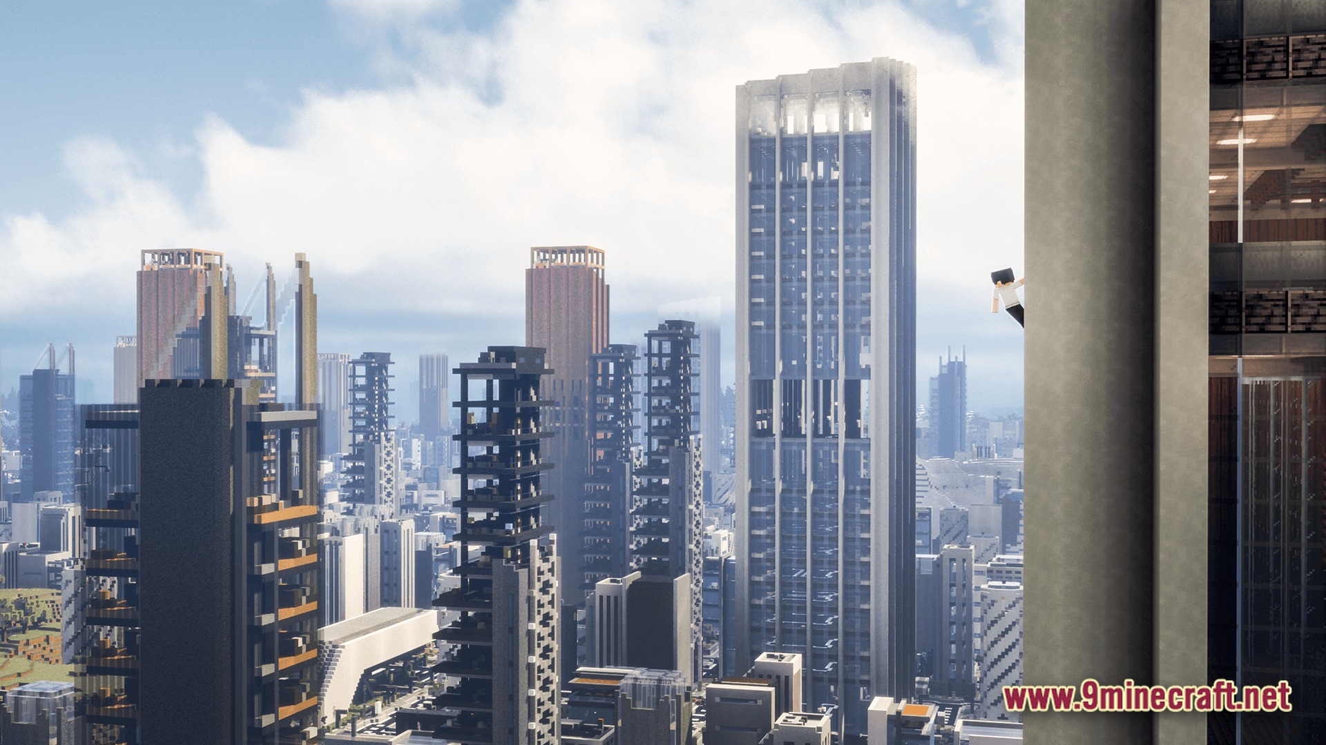 Deceased Craft Urban Zombie Apocalypse Modpack (26.2, 1.20.1) – Survive The Ultimate Urban Apocalypse 3 A player character scales a concrete skyscraper overlooking a dense, modern urban city skyline