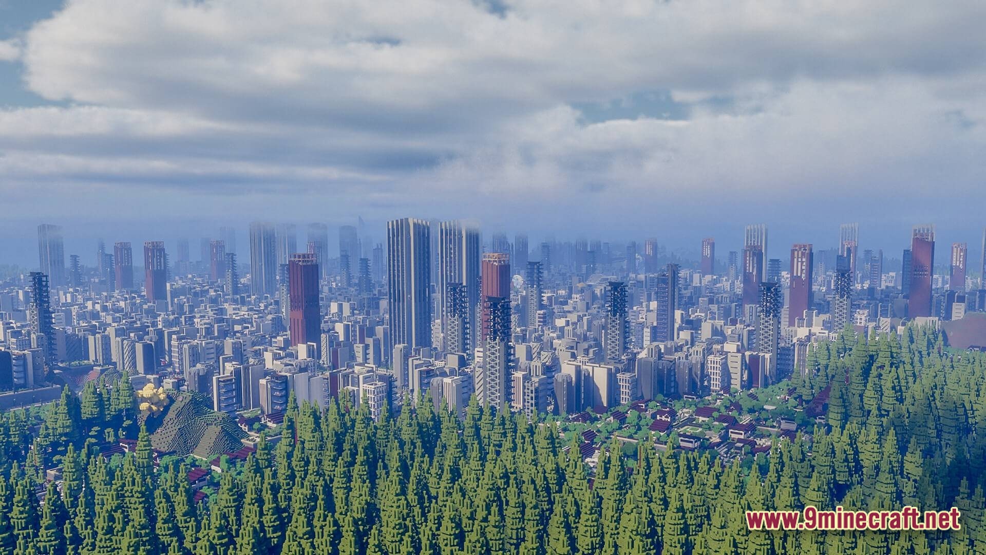 Deceased Craft Urban Zombie Apocalypse Modpack (26.2, 1.20.1) – Survive The Ultimate Urban Apocalypse 4 A sprawling abandoned city with numerous skyscrapers and damaged buildings bordering a dense evergreen forest
