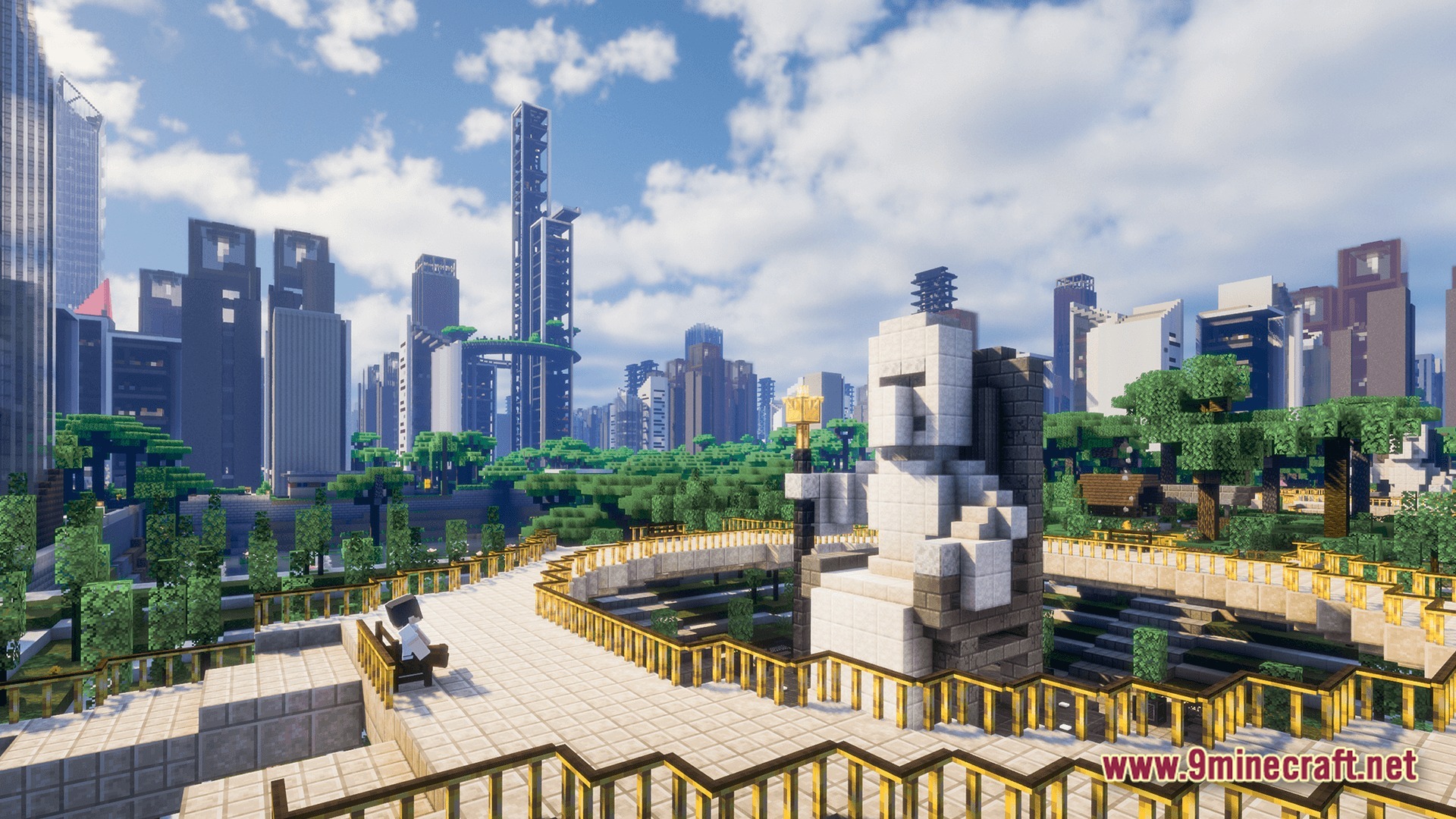 Deceased Craft Urban Zombie Apocalypse Modpack (26.2, 1.20.1) – Survive The Ultimate Urban Apocalypse 5 A large stone statue overlooks a park within a modern city featuring numerous skyscrapers and greenery