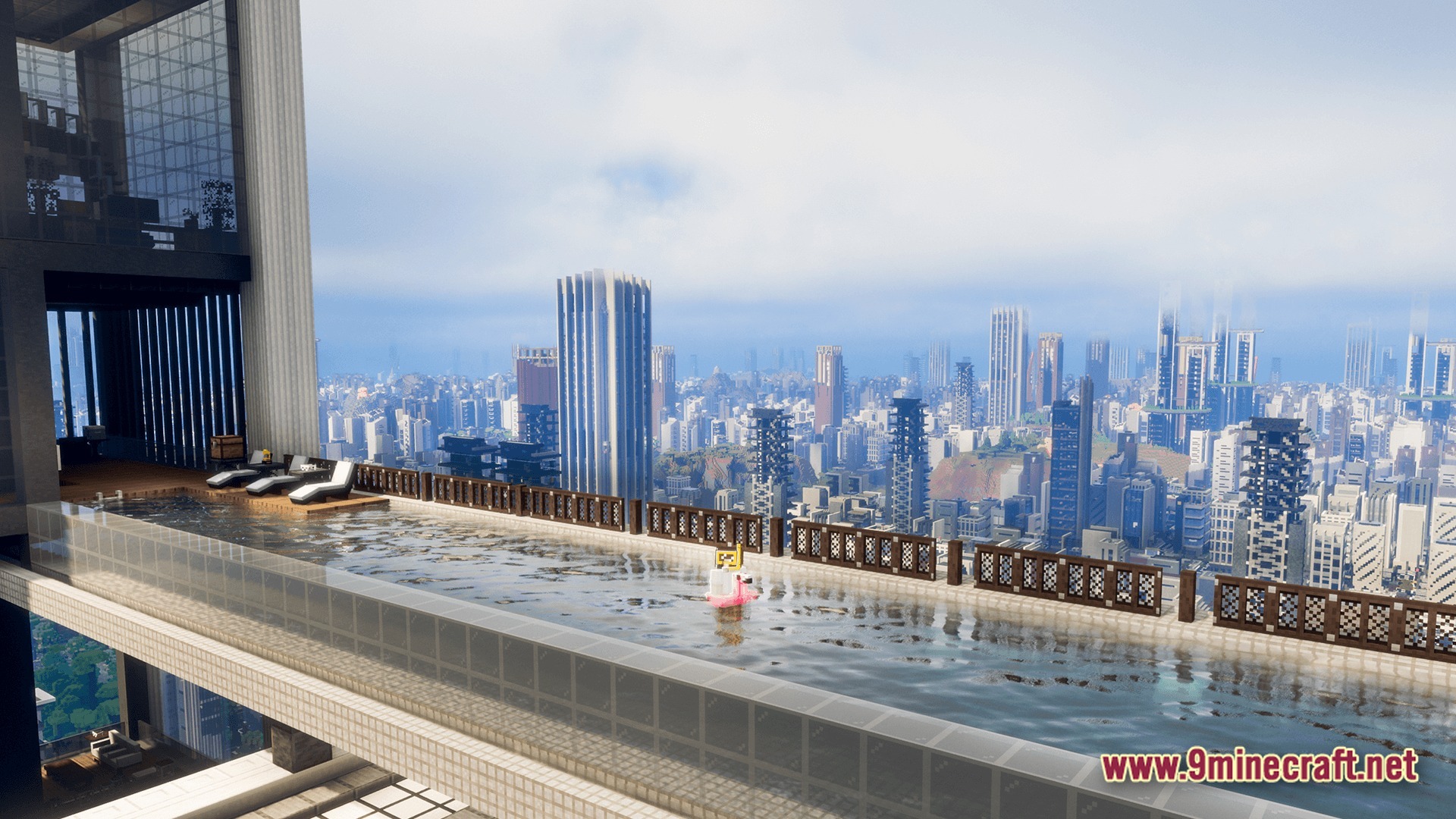 Deceased Craft Urban Zombie Apocalypse Modpack (26.2, 1.20.1) – Survive The Ultimate Urban Apocalypse 6 A rooftop infinity pool overlooks a sprawling urban landscape filled with modern skyscrapers and high-rise buildings