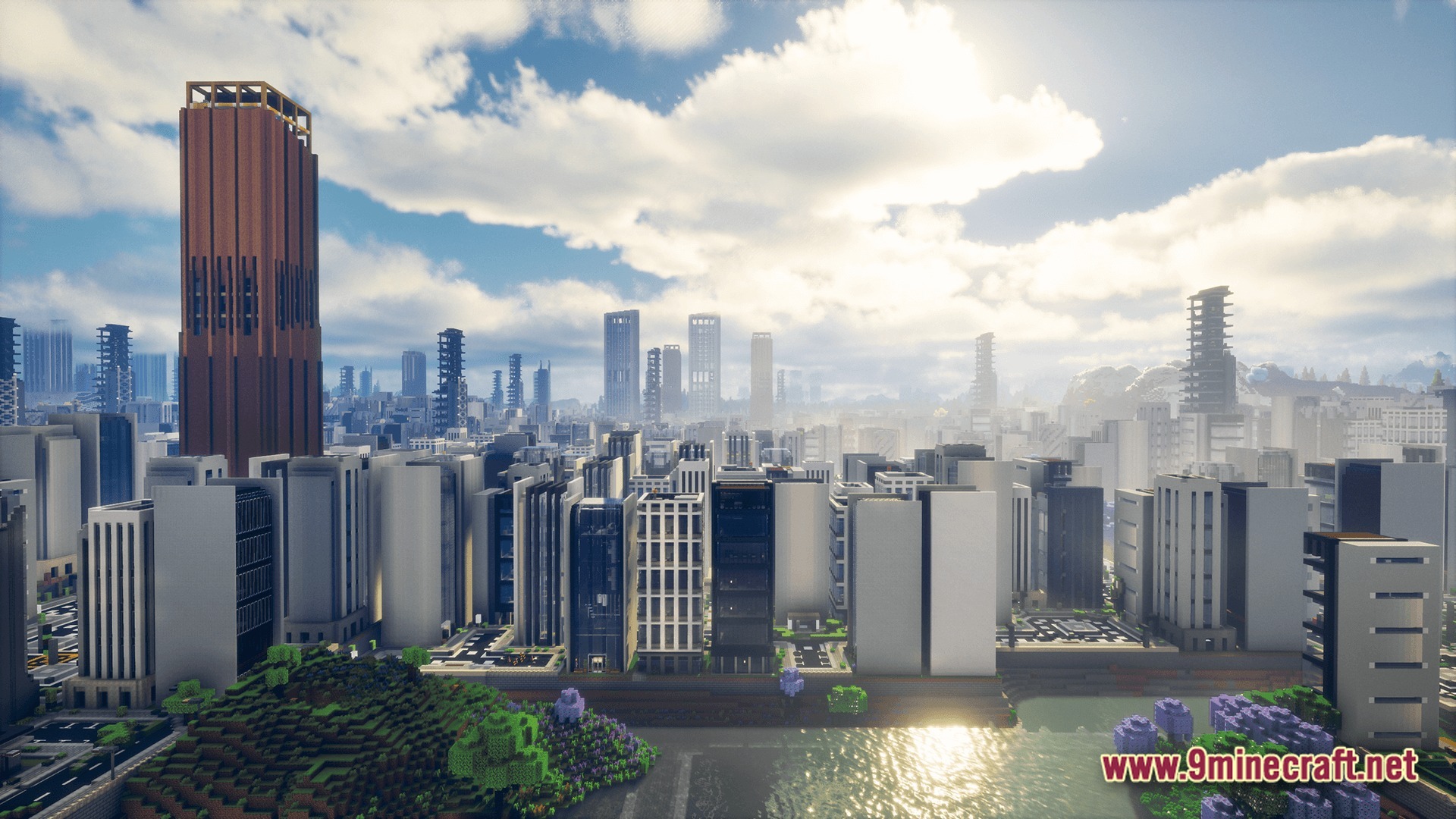 Deceased Craft Urban Zombie Apocalypse Modpack (26.2, 1.20.1) – Survive The Ultimate Urban Apocalypse 7 A sprawling abandoned cityscape with numerous skyscrapers and modern buildings under a bright cloudy sky