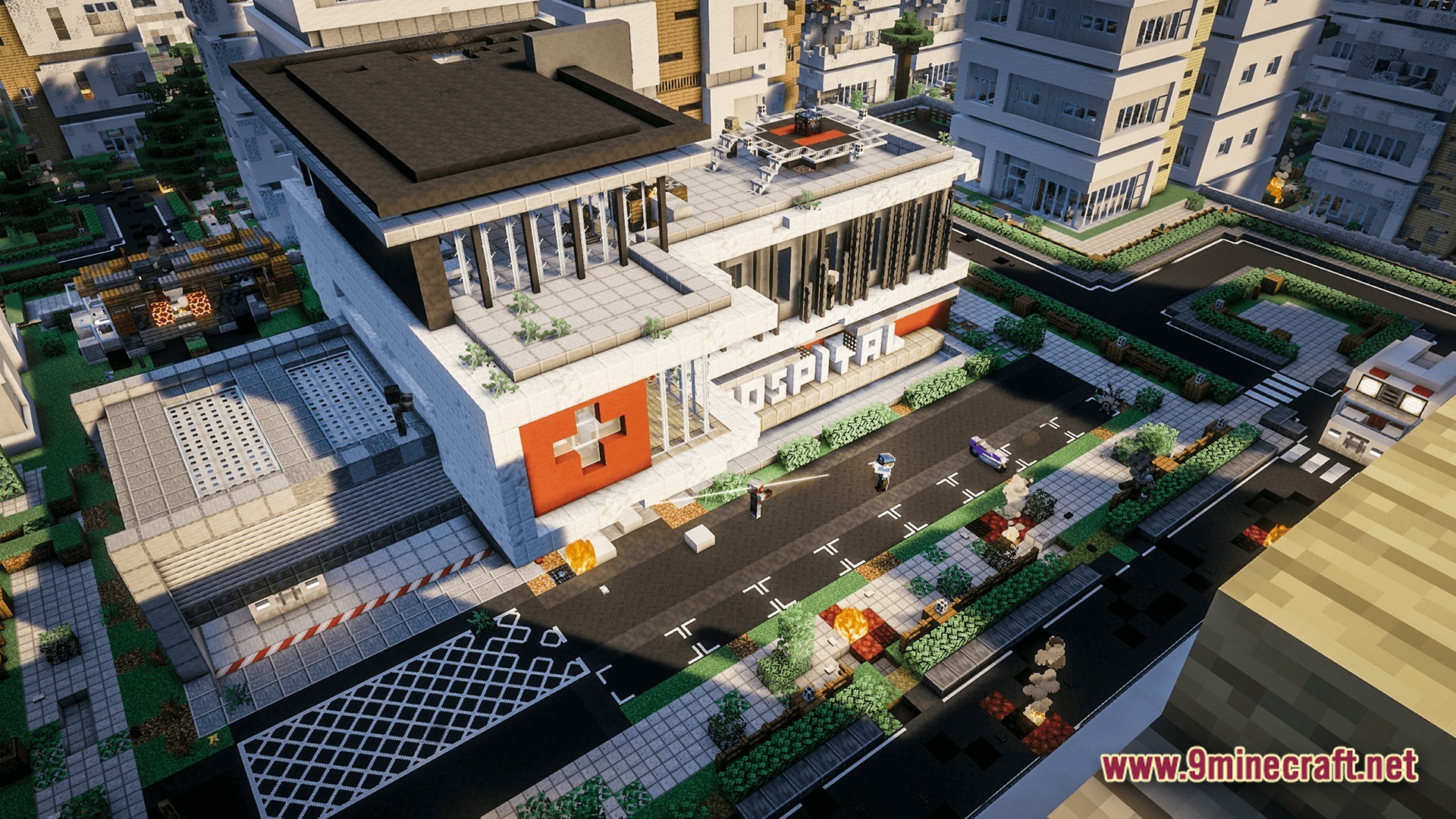 Deceased Craft Urban Zombie Apocalypse Modpack (26.2, 1.20.1) – Survive The Ultimate Urban Apocalypse 8 An aerial view of a modern hospital building within a dense, abandoned urban city environment