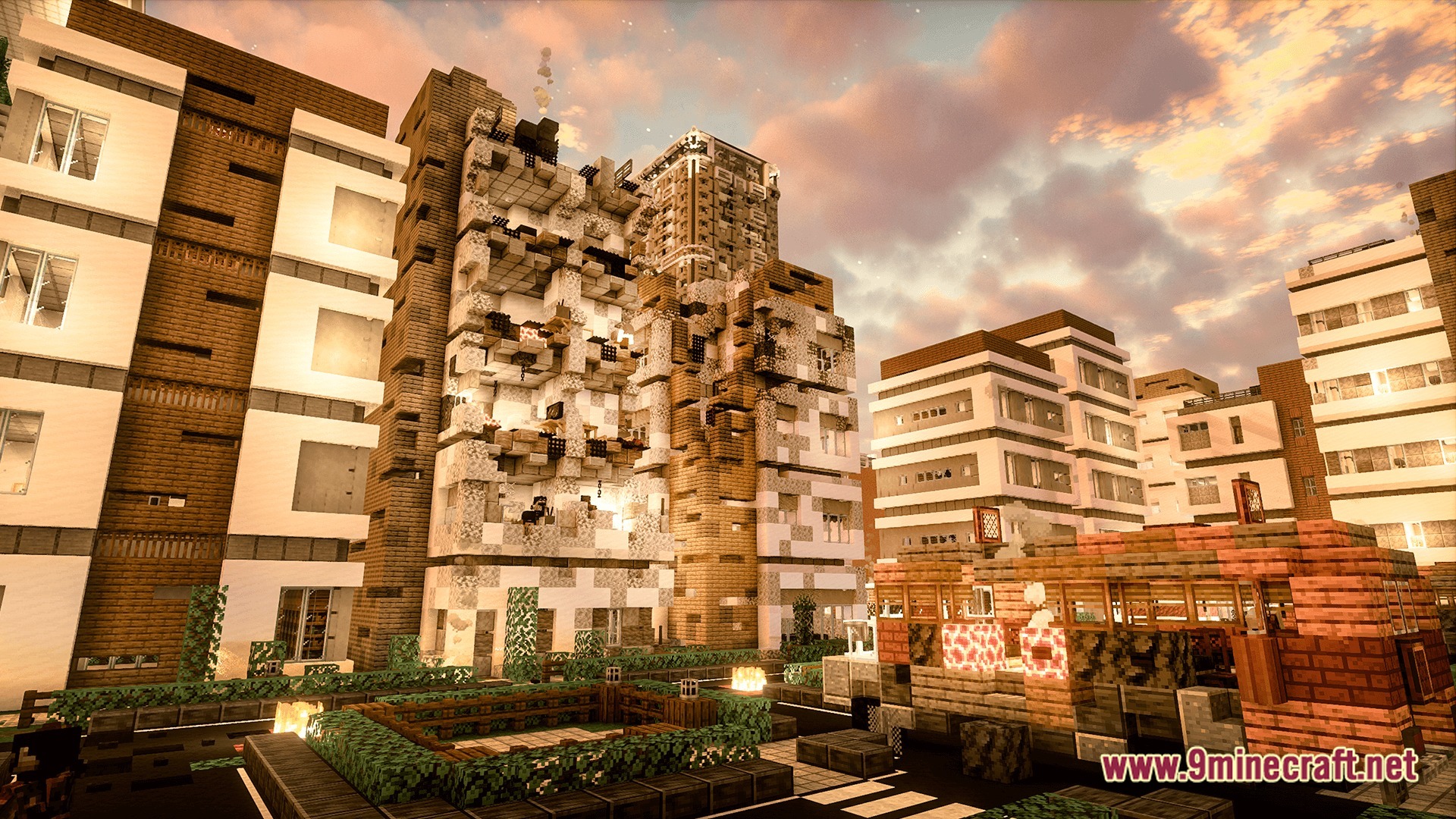 Deceased Craft Urban Zombie Apocalypse Modpack (26.2, 1.20.1) – Survive The Ultimate Urban Apocalypse 9 Ruined apartment buildings and a damaged bus stand in a post-apocalyptic urban city environment