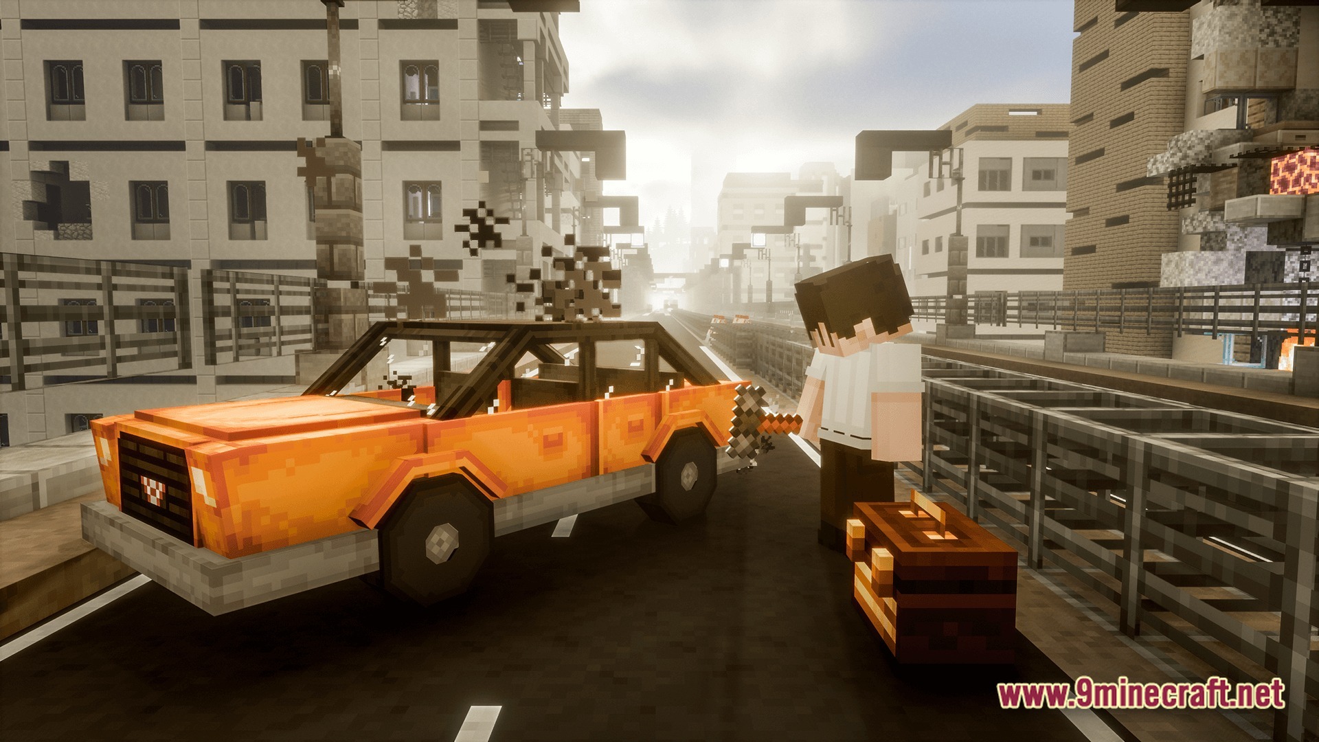 Deceased Craft Urban Zombie Apocalypse Modpack (26.2, 1.20.1) – Survive The Ultimate Urban Apocalypse 10 A player character stands near an orange car and a suitcase in a deserted urban city