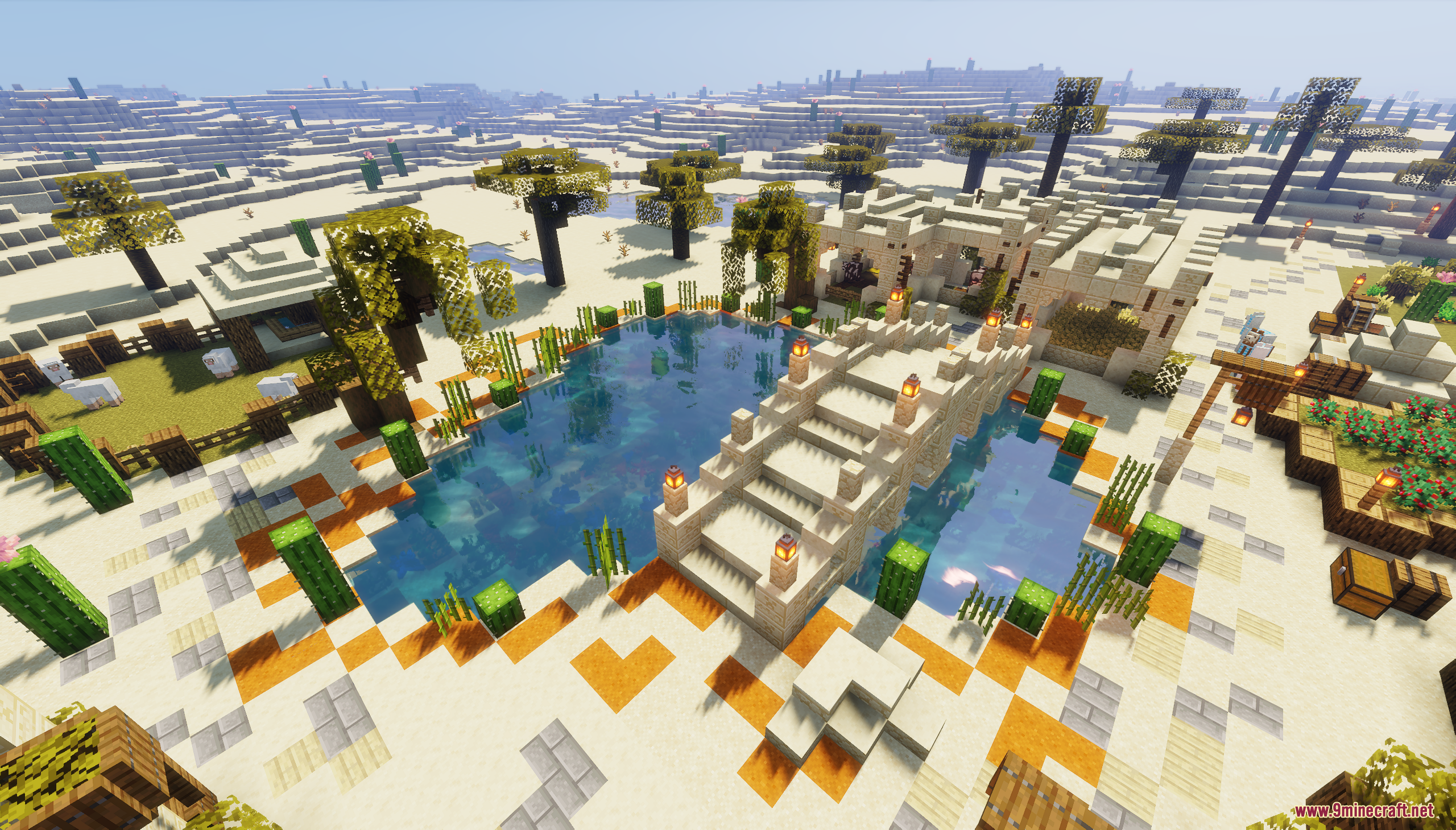 Desert Oasis City Map (26.2, 1.20.1) – Find A Safe Haven In The Scorching Sands 11 Stone bridge crossing a clear pond surrounded by palm trees and desert structures