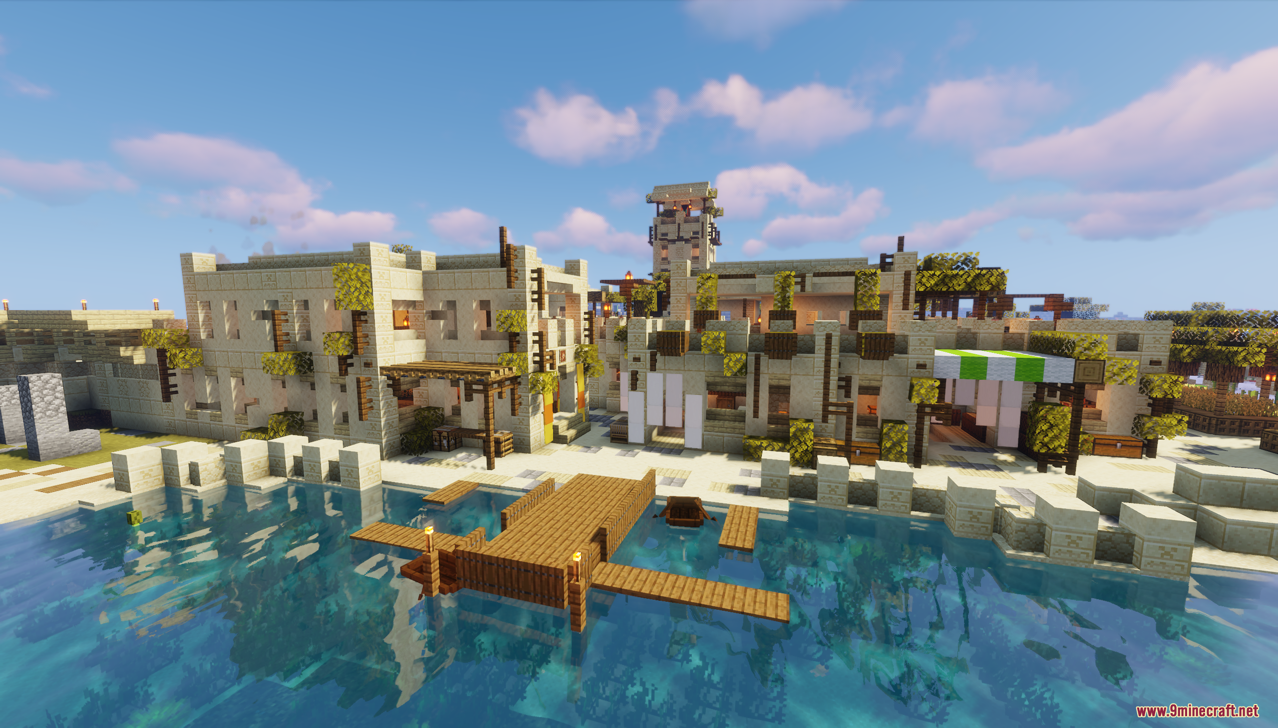 Desert Oasis City Map (26.2, 1.20.1) – Find A Safe Haven In The Scorching Sands 3 Detailed sandstone houses and a wooden pier overlooking a calm desert lake