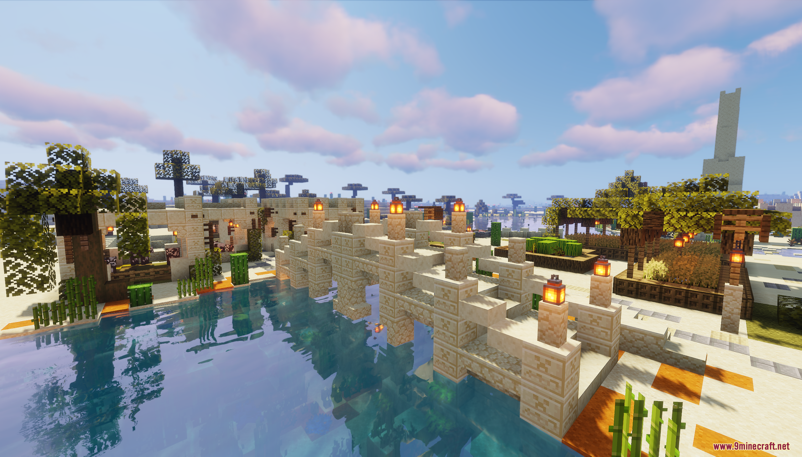 Desert Oasis City Map (26.2, 1.20.1) – Find A Safe Haven In The Scorching Sands 4 Sandstone bridge with lanterns crossing a river in a desert oasis