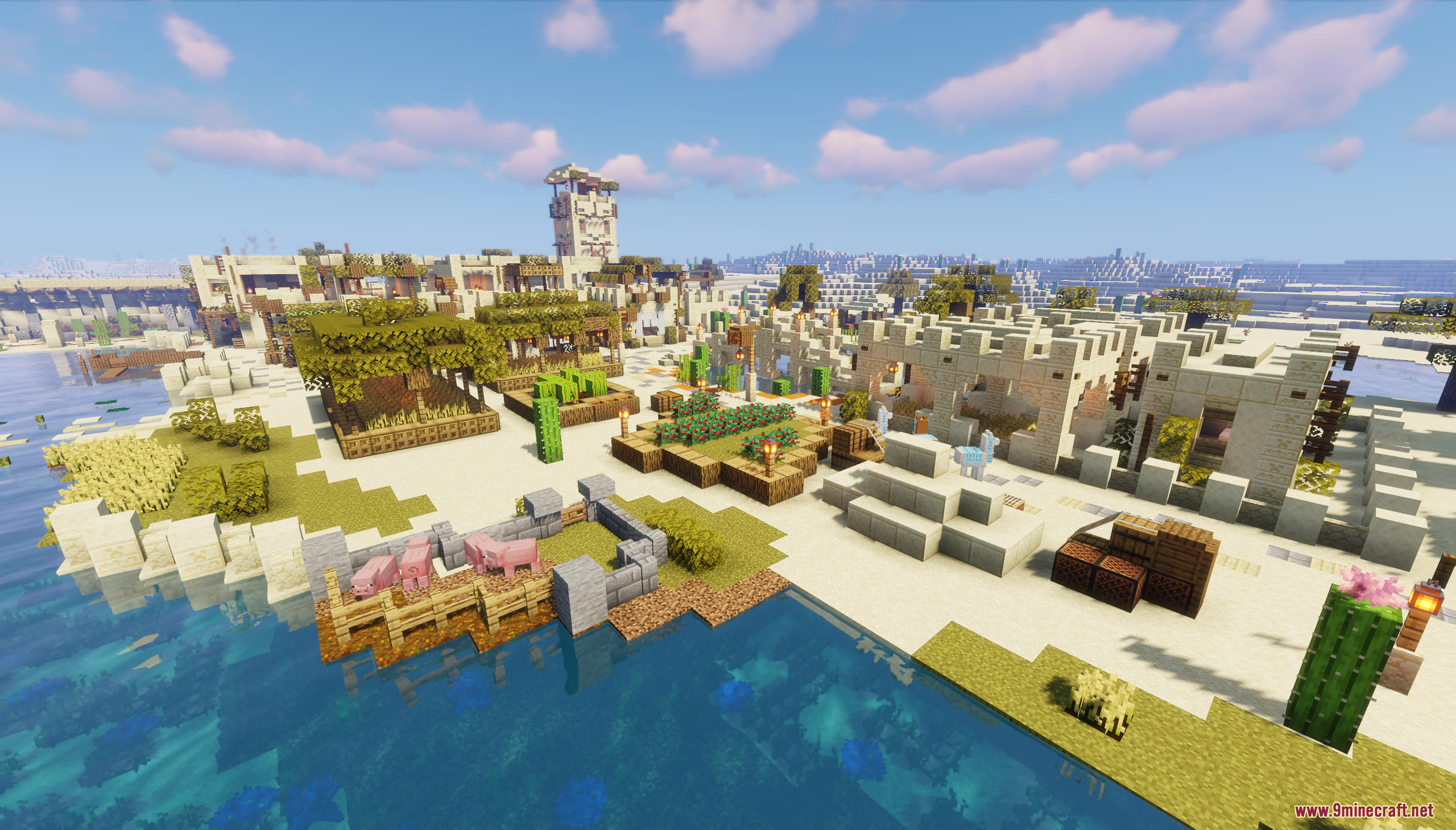 Desert Oasis City Map (26.2, 1.20.1) – Find A Safe Haven In The Scorching Sands 5 Overhead view of the desert oasis city map featuring farms and animal pens
