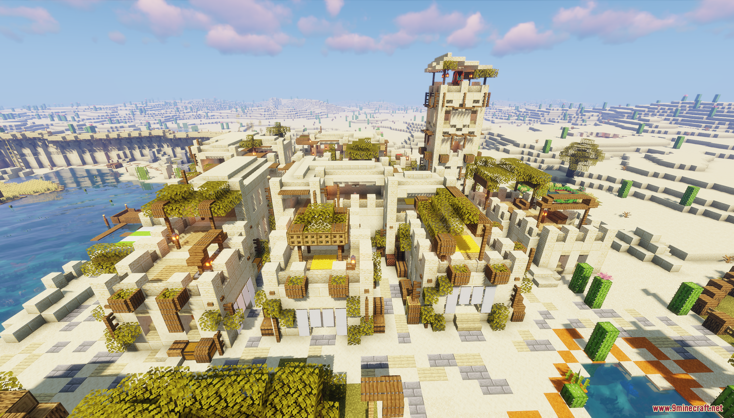 Desert Oasis City Map (26.2, 1.20.1) – Find A Safe Haven In The Scorching Sands 6 A large desert city featuring sandstone buildings and a tall watchtower