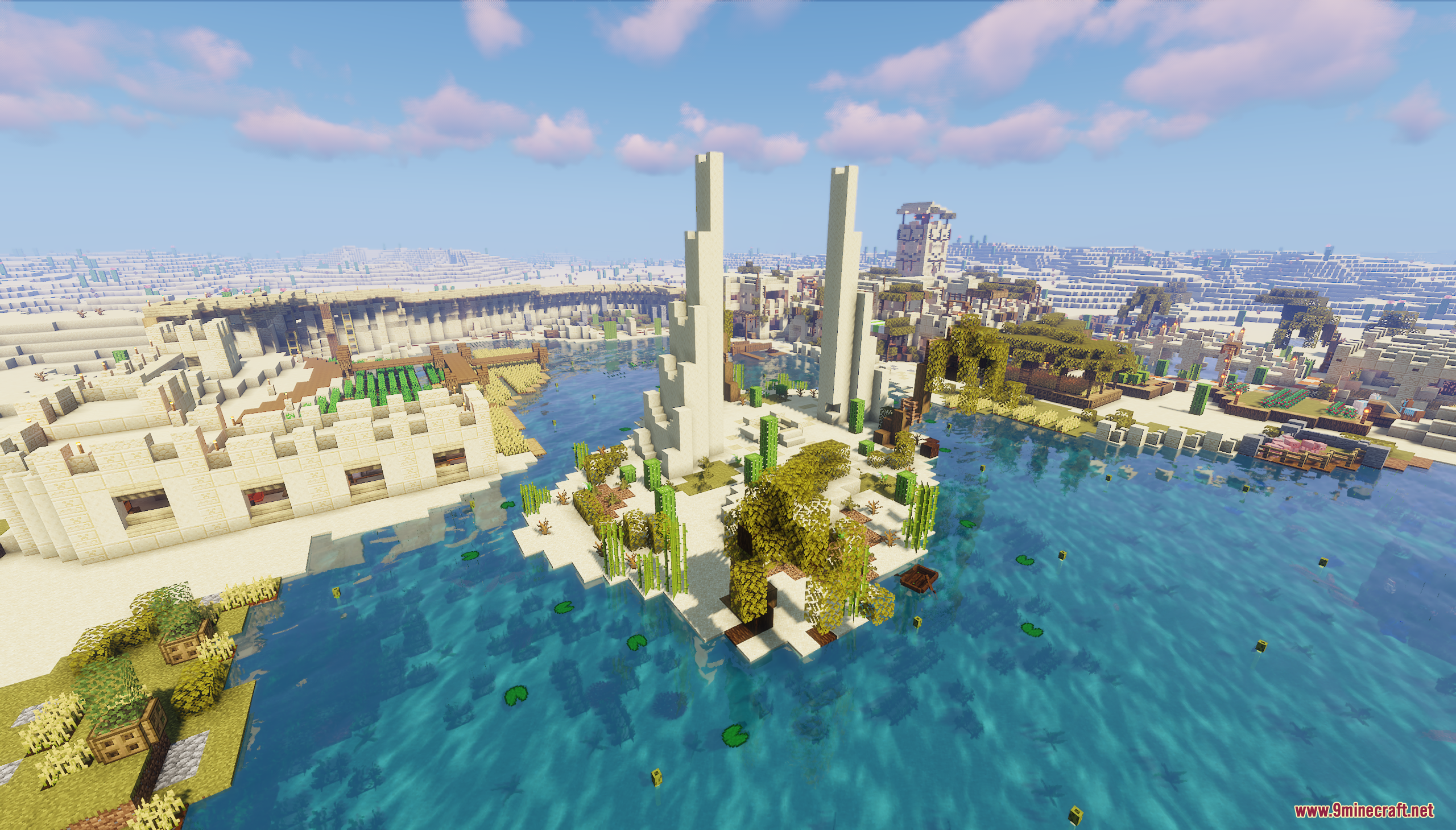Desert Oasis City Map (26.2, 1.20.1) – Find A Safe Haven In The Scorching Sands 7 Two tall white pillars stand on a small island in a desert oasis