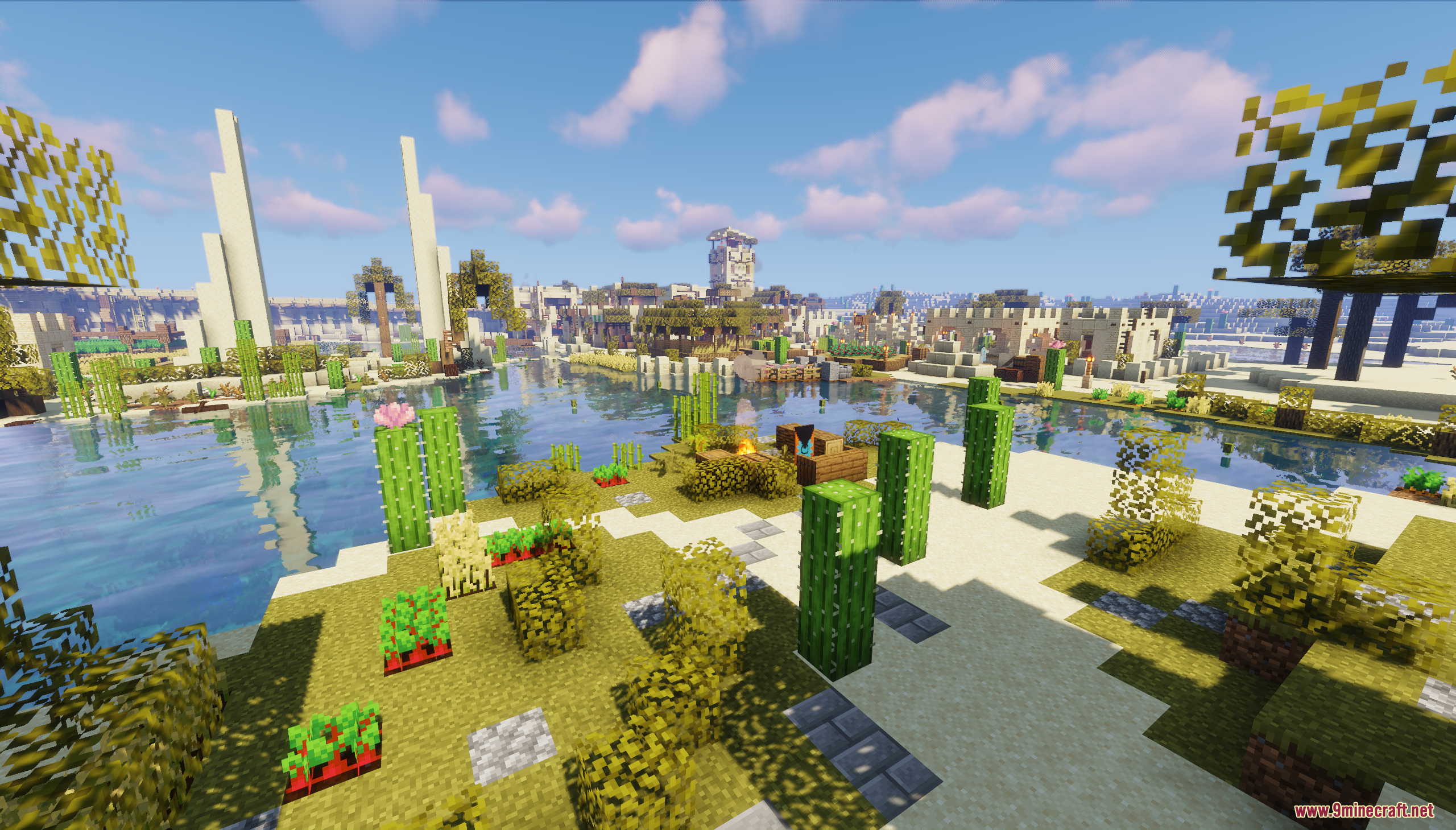Desert Oasis City Map (26.2, 1.20.1) – Find A Safe Haven In The Scorching Sands 8 Lush greenery and water surrounding a desert settlement under a bright sky