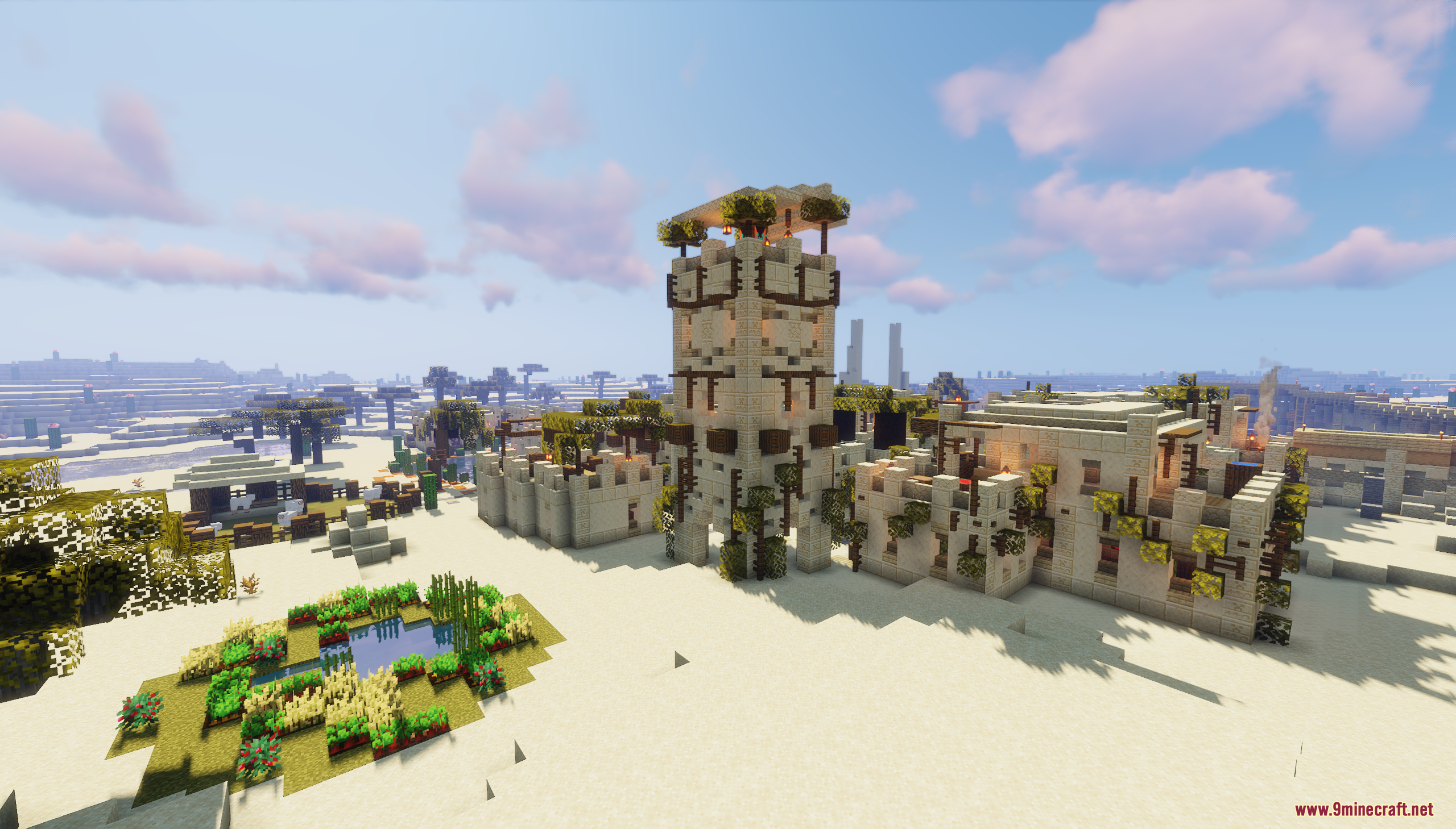 Desert Oasis City Map (26.2, 1.20.1) – Find A Safe Haven In The Scorching Sands 10 Tall sandstone tower overlooking a desert village with small farms and buildings
