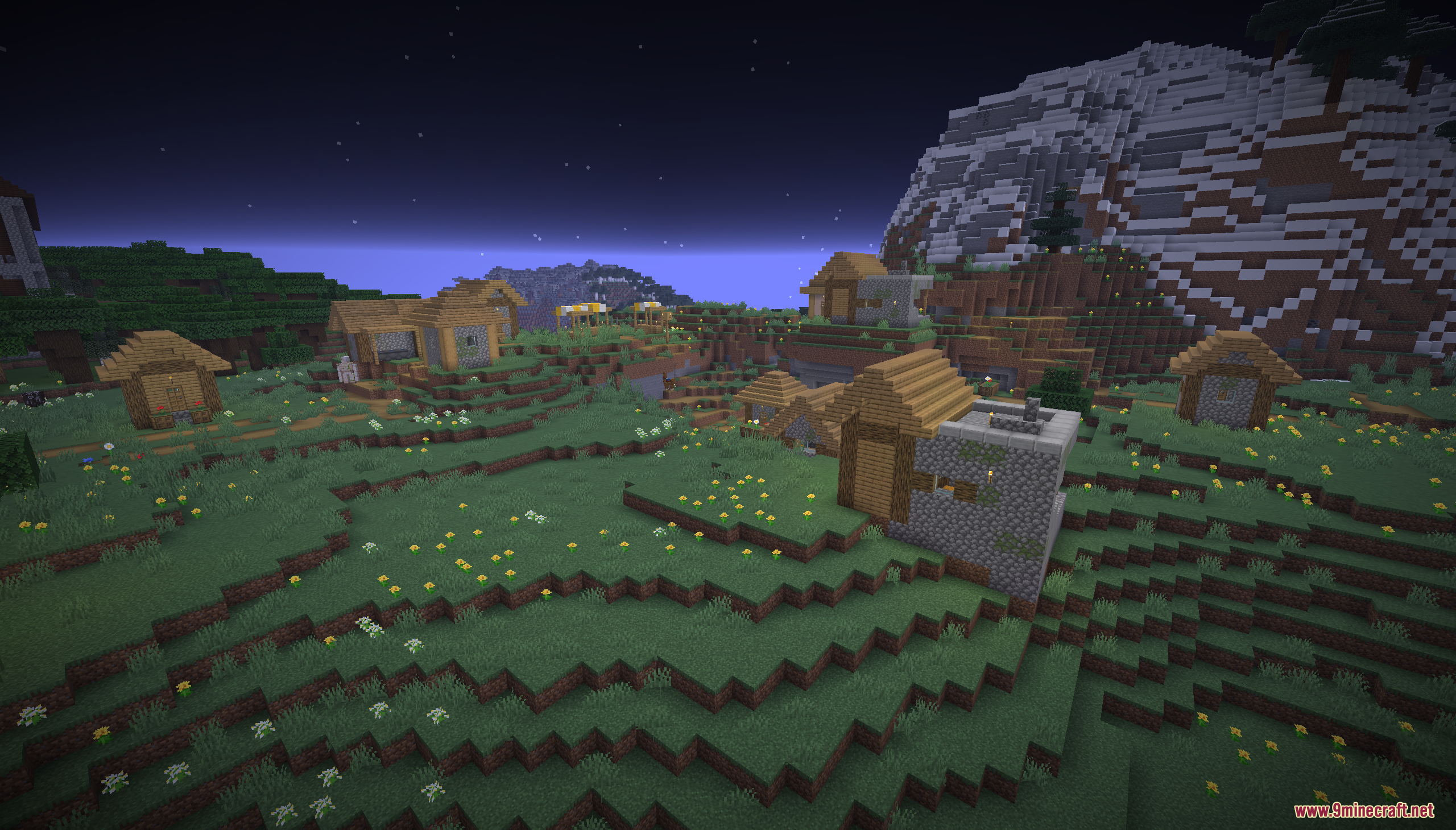Easy Speed Run Map (26.2, 1.20.1) – Beat The Game Quickly 2 A peaceful village with wooden houses near a large snowy mountain at night