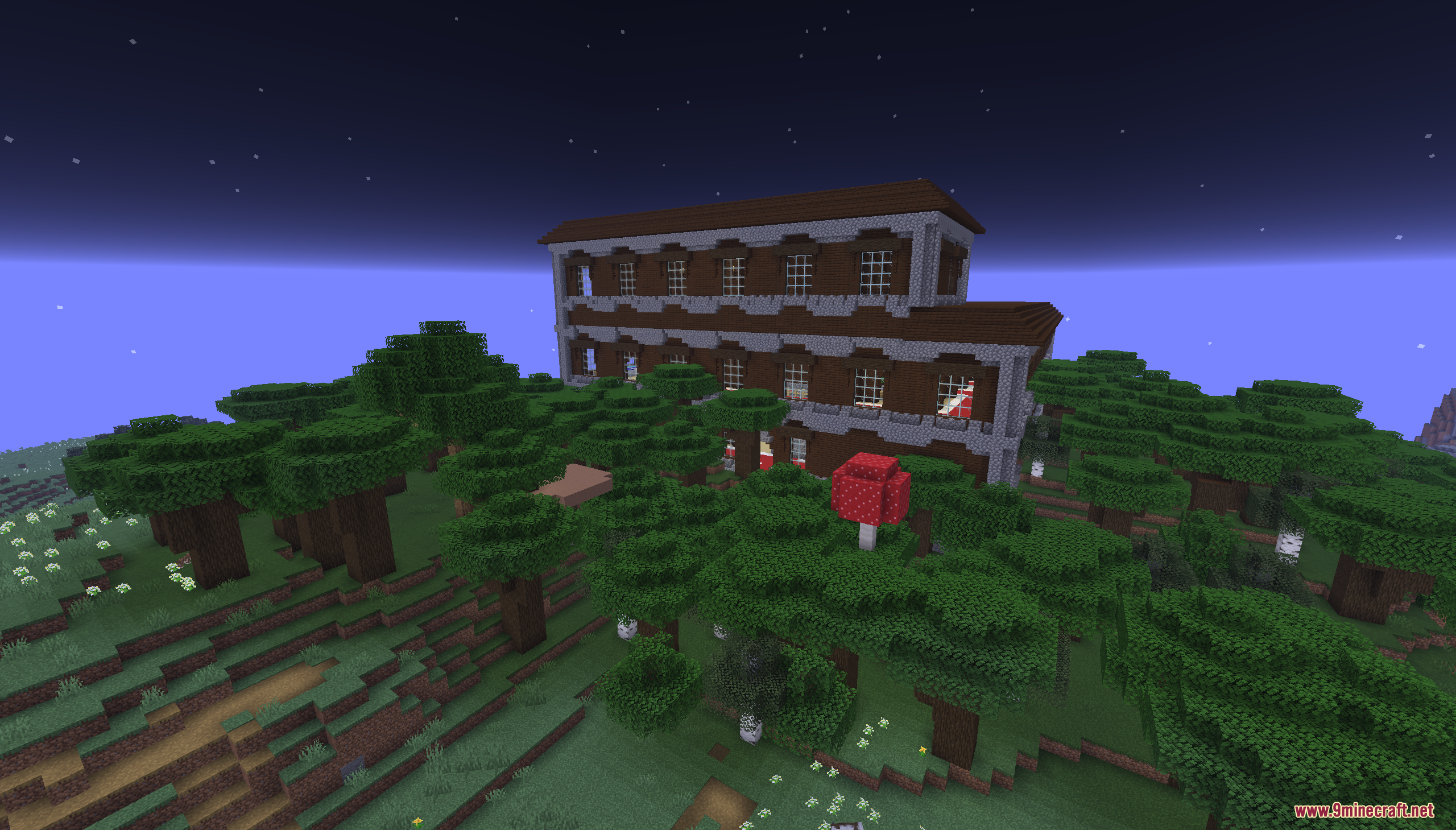 Easy Speed Run Map (26.2, 1.20.1) – Beat The Game Quickly 3 A massive woodland mansion structure surrounded by dark oak trees and red mushrooms