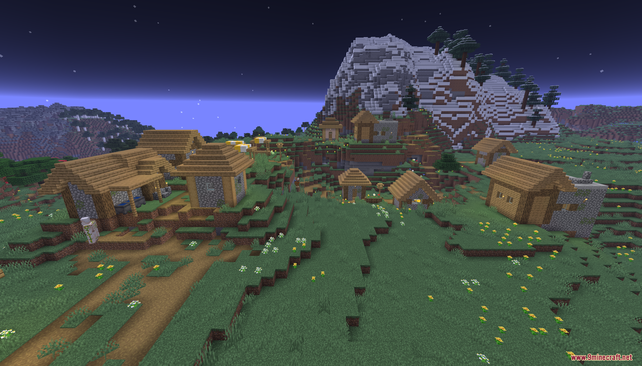 Easy Speed Run Map (26.2, 1.20.1) – Beat The Game Quickly 4 A peaceful minecraft village at night with a large snowy mountain behind it