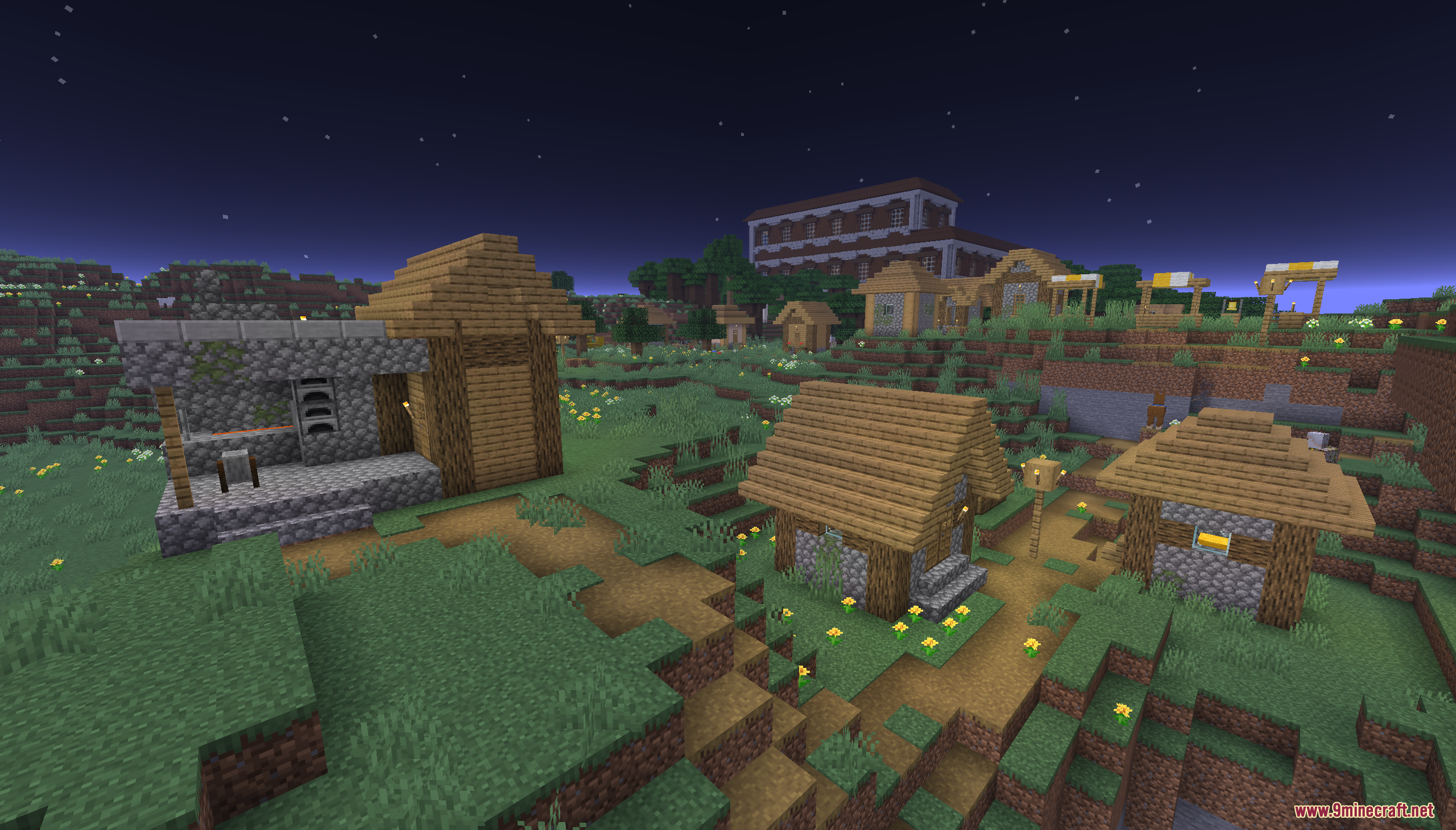 Easy Speed Run Map (26.2, 1.20.1) – Beat The Game Quickly 6 A peaceful minecraft village at night with a large mansion in the background