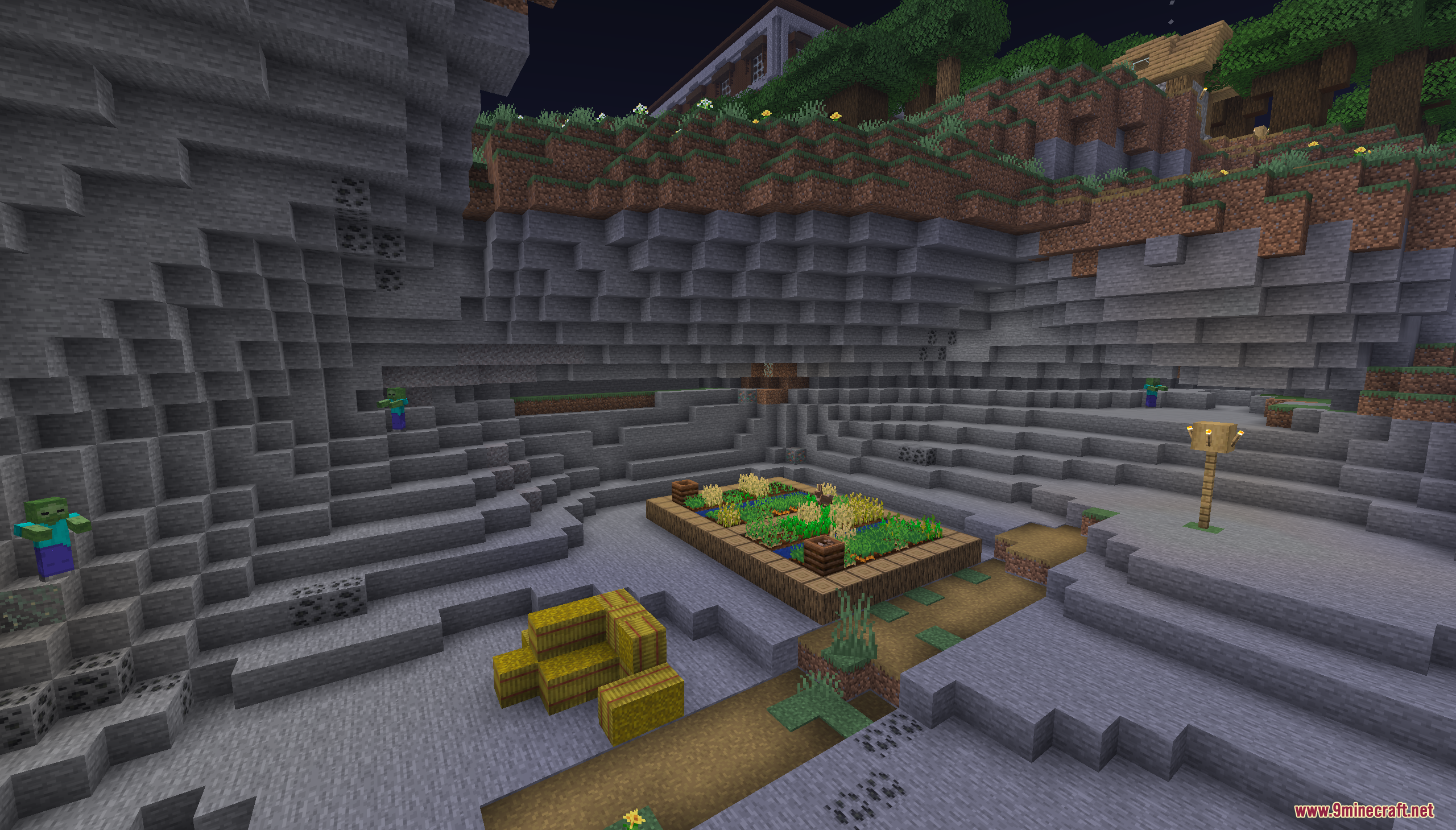 Easy Speed Run Map (26.2, 1.20.1) – Beat The Game Quickly 9 A small wheat farm and hay bales located inside a stone cave area