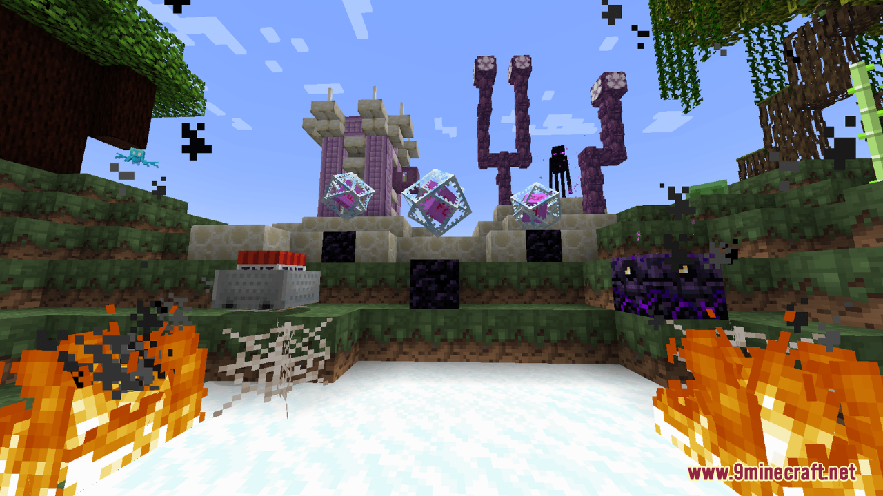 Embers Resource Pack (1.21.5) – A Polished Vanilla World With Classic Charm 11 Enderman and end crystals near a purple tower with fire in the foreground