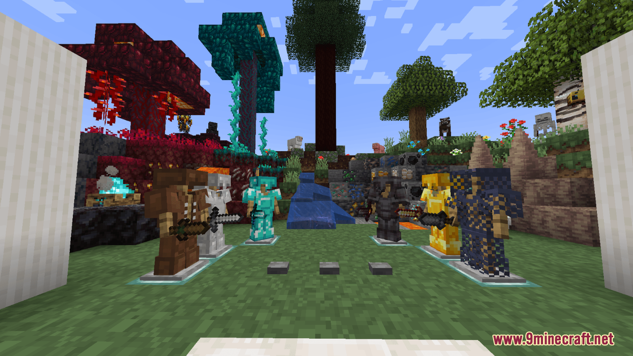 Embers Resource Pack (1.21.5) – A Polished Vanilla World With Classic Charm 12 Armor stands displaying polished armor sets from the embers resource pack