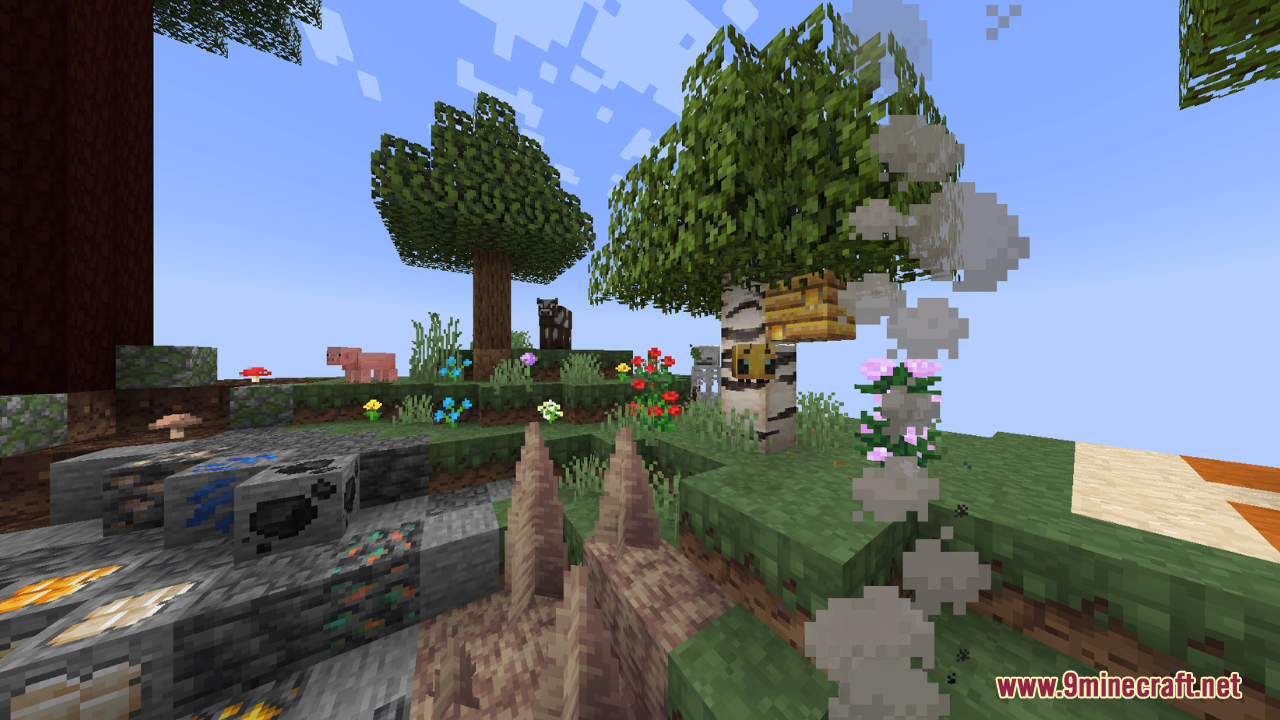 Embers Resource Pack (1.21.5) – A Polished Vanilla World With Classic Charm 14 Minecraft landscape featuring various ores and animals with a bee near a beehive