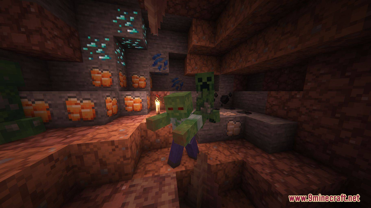 Embers Resource Pack (1.21.5) – A Polished Vanilla World With Classic Charm 3 A zombie and creeper stand in a cave with updated ore textures