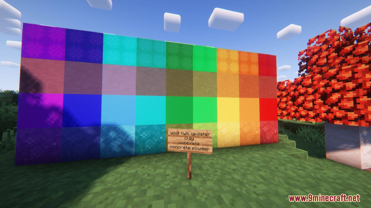 Embers Resource Pack (1.21.5) – A Polished Vanilla World With Classic Charm 8 A wall of colorful blocks showcasing different textures with a wooden sign
