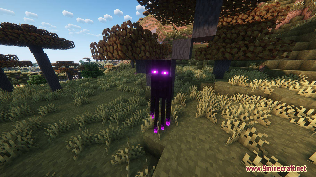 Embers Resource Pack (1.21.5) – A Polished Vanilla World With Classic Charm 9 An enderman with glowing purple eyes stands under a tree in the savanna