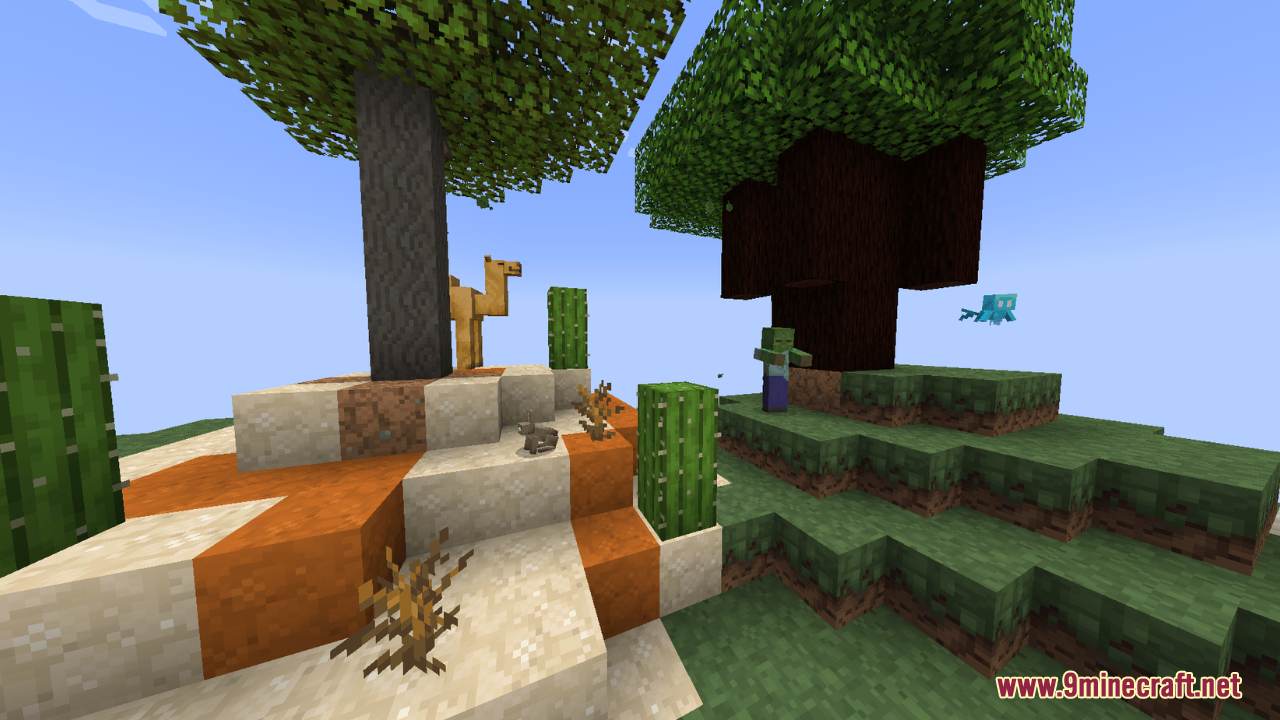 Embers Resource Pack (1.21.5) – A Polished Vanilla World With Classic Charm 10 A camel and rabbit stand near a tree with unique bark textures