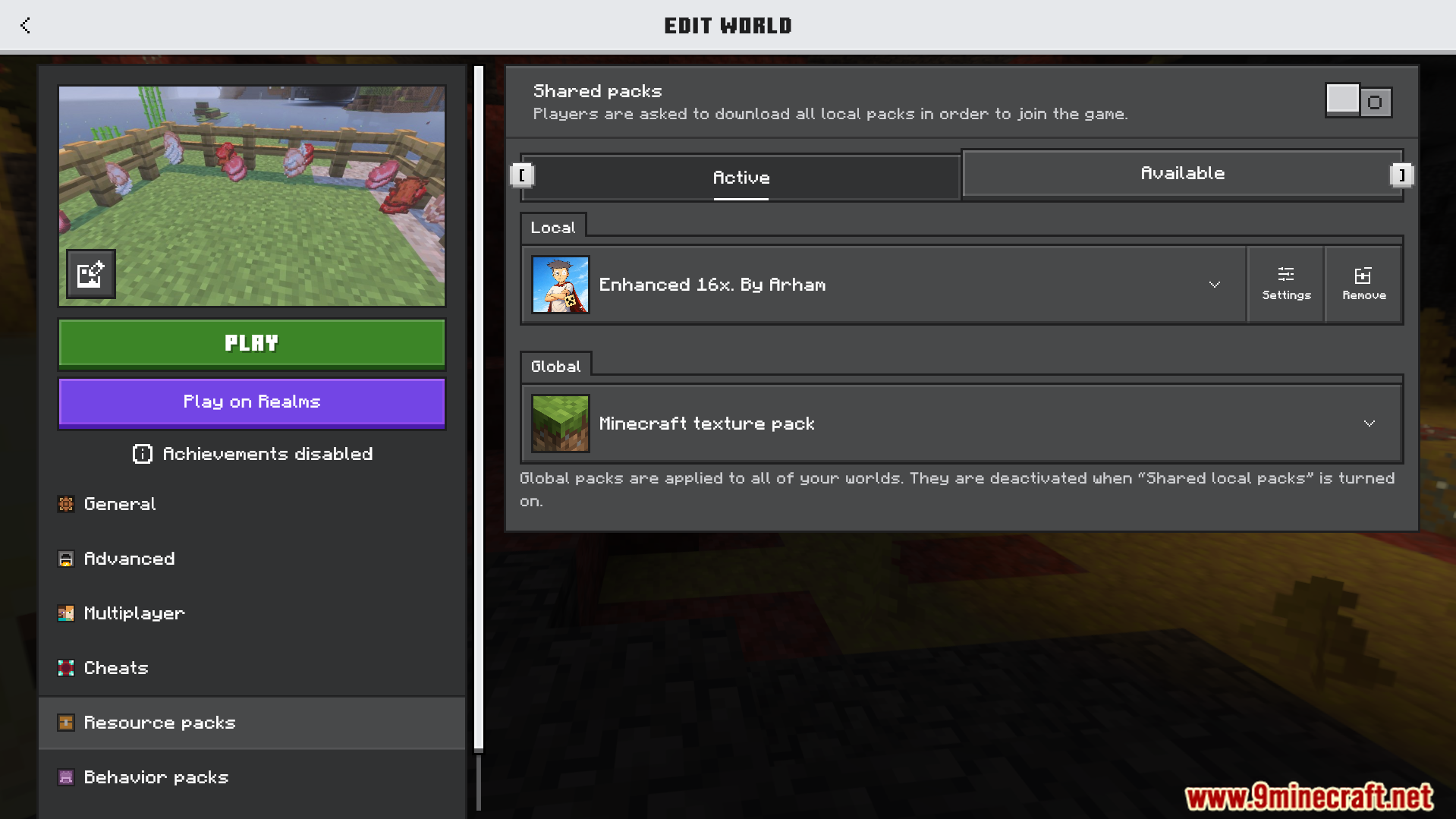 Enhanced 16X Texture Pack (26.X) – Boost Fps With Shorter Swords And A Dark Ui 2 Resource packs menu displaying the active enhanced 16x texture pack for world editing