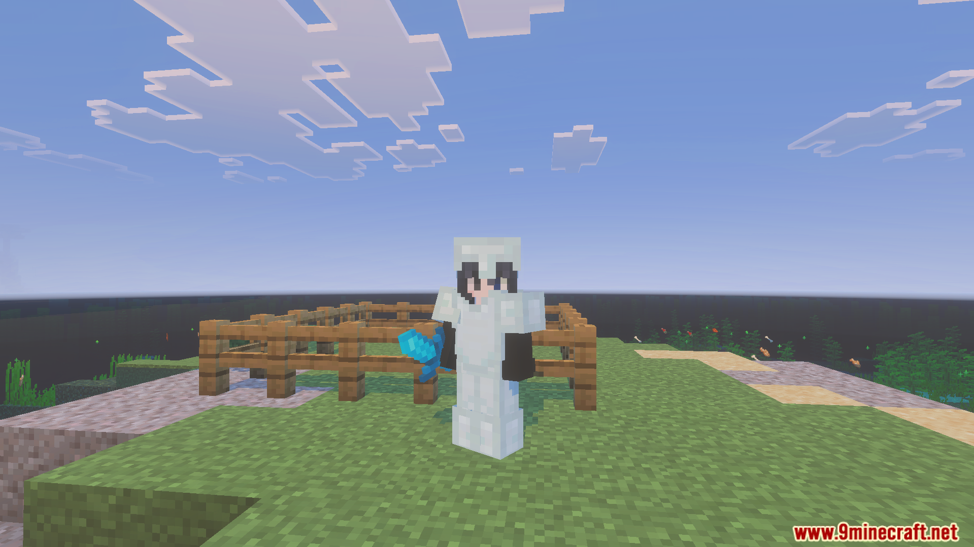 Enhanced 16X Texture Pack (26.X) – Boost Fps With Shorter Swords And A Dark Ui 6 Minecraft player wearing white armor holding a short blue sword near fences