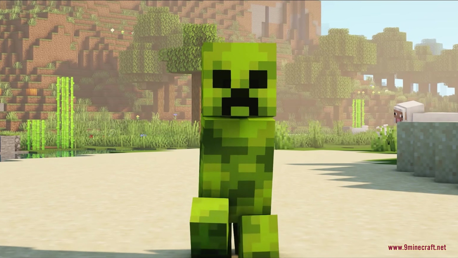 A green creeper with detailed textures from the enhanced evil resource pack
