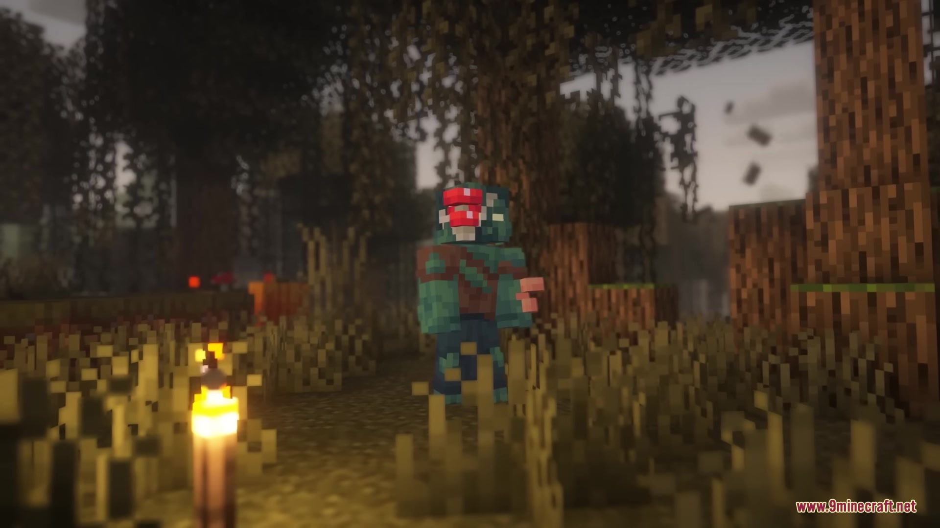 A zombie with a red mushroom on its head in a minecraft swamp